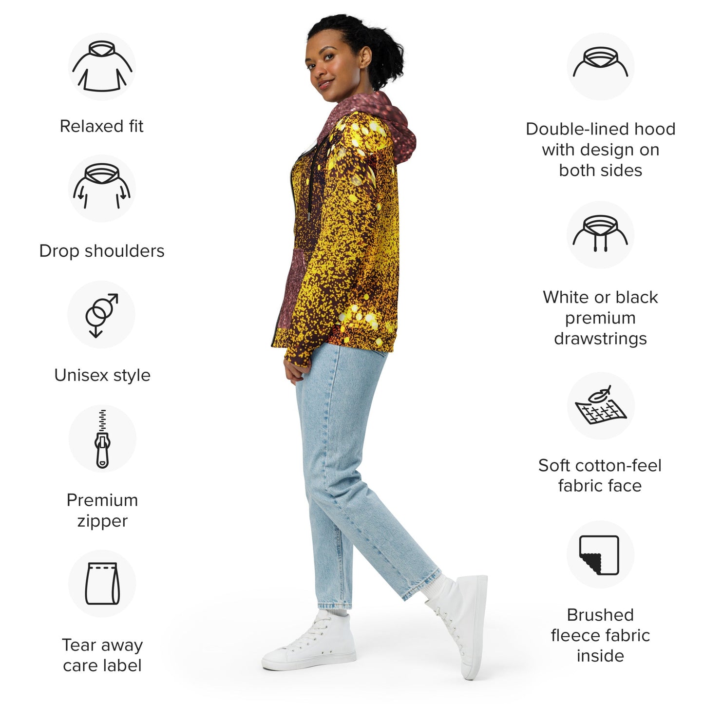 Unisex zip hoodie, Women's Gold yellow and brown Hoodie, Rhinestone Print Streetwear Festival Zipper Sweatshirt - PratSN