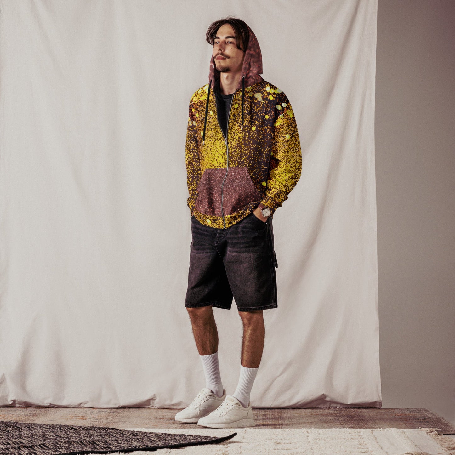 Unisex zip hoodie, Women's Gold yellow and brown Hoodie, Rhinestone Print Streetwear Festival Zipper Sweatshirt - PratSN