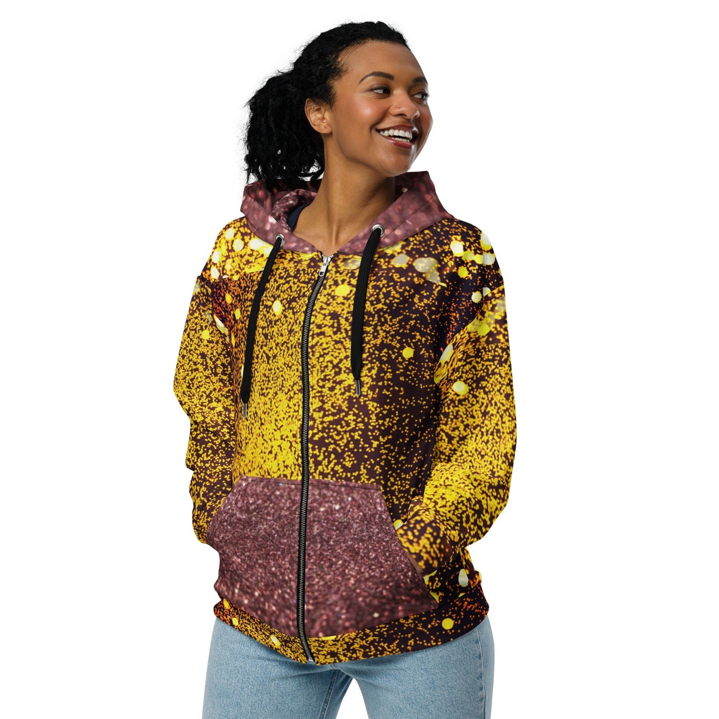 Unisex zip hoodie, Women's Gold yellow and brown Hoodie, Rhinestone Print Streetwear Festival Zipper Sweatshirt - PratSN