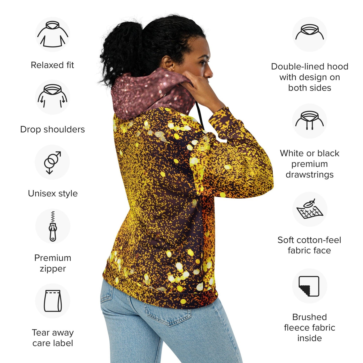 Unisex zip hoodie, Women's Gold yellow and brown Hoodie, Rhinestone Print Streetwear Festival Zipper Sweatshirt - PratSN