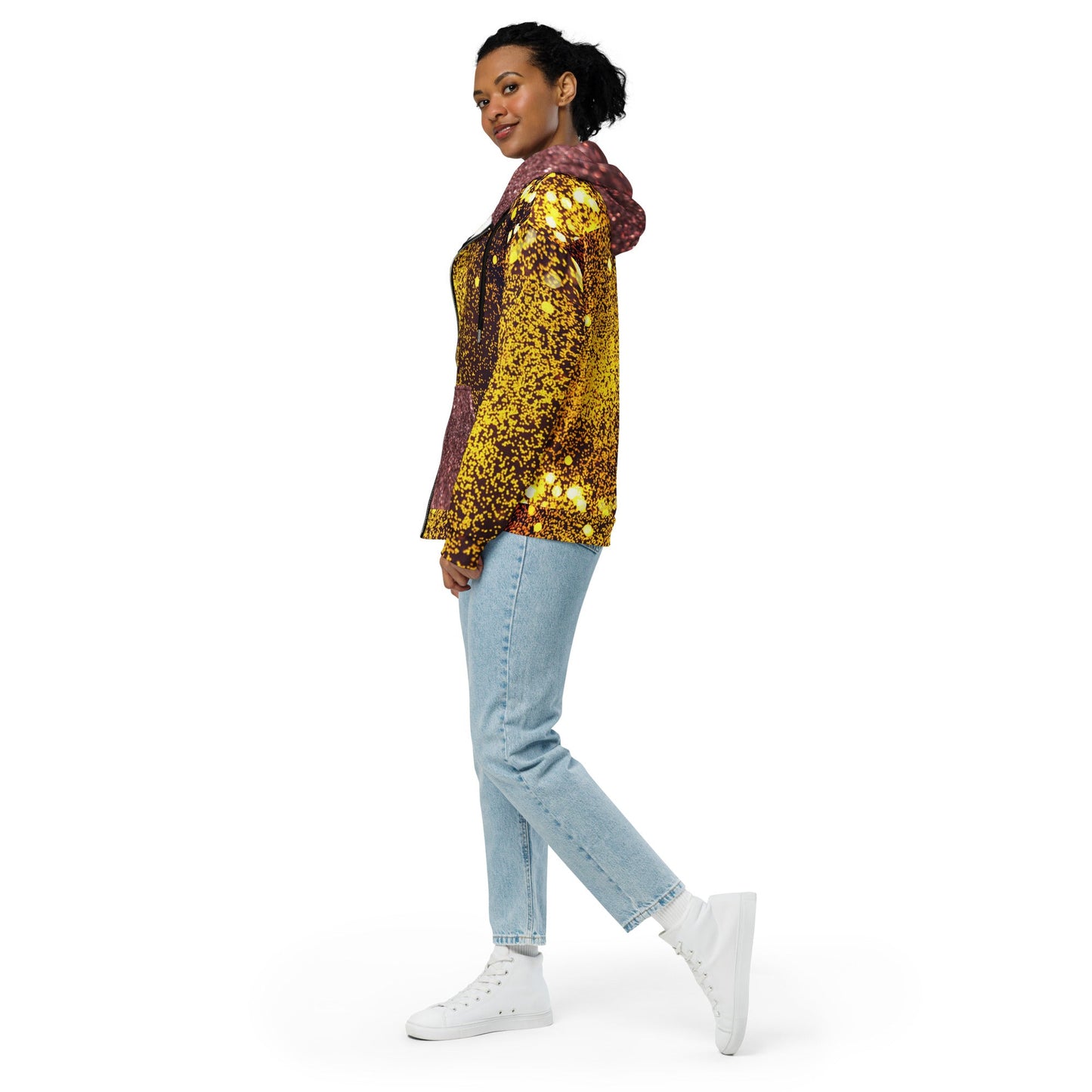 Unisex zip hoodie, Women's Gold yellow and brown Hoodie, Rhinestone Print Streetwear Festival Zipper Sweatshirt - PratSN