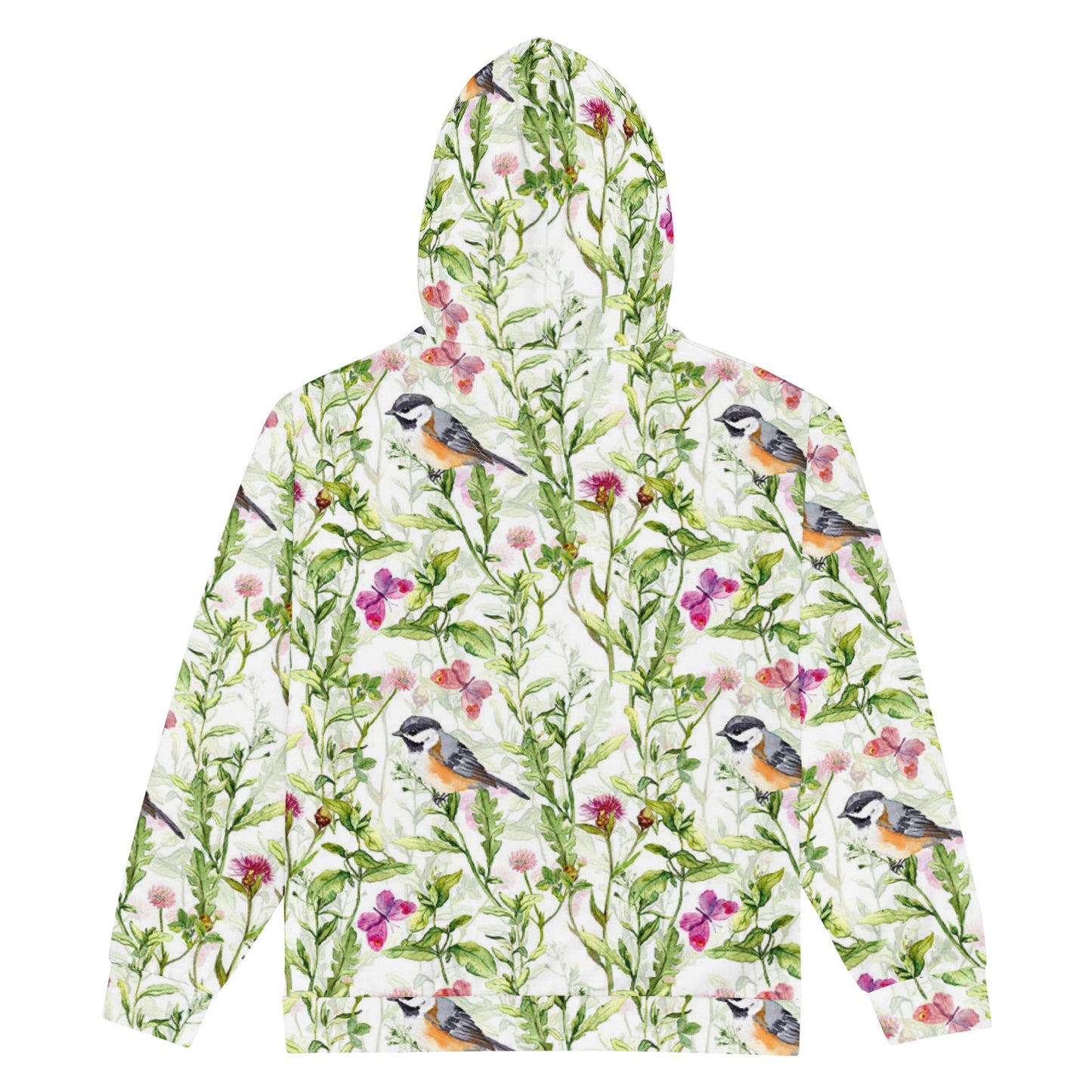 Unisex zip hoodie, Women's Green White Bird Pattern Jacket, Zipper Sweatshirt, Floral hoodie, Streetwear - PratSN