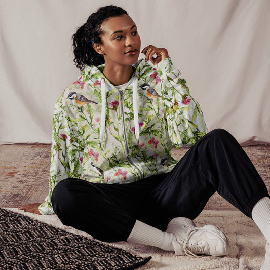 Unisex zip hoodie, Women's Green White Bird Pattern Jacket, Zipper Sweatshirt, Floral hoodie, Streetwear - PratSN