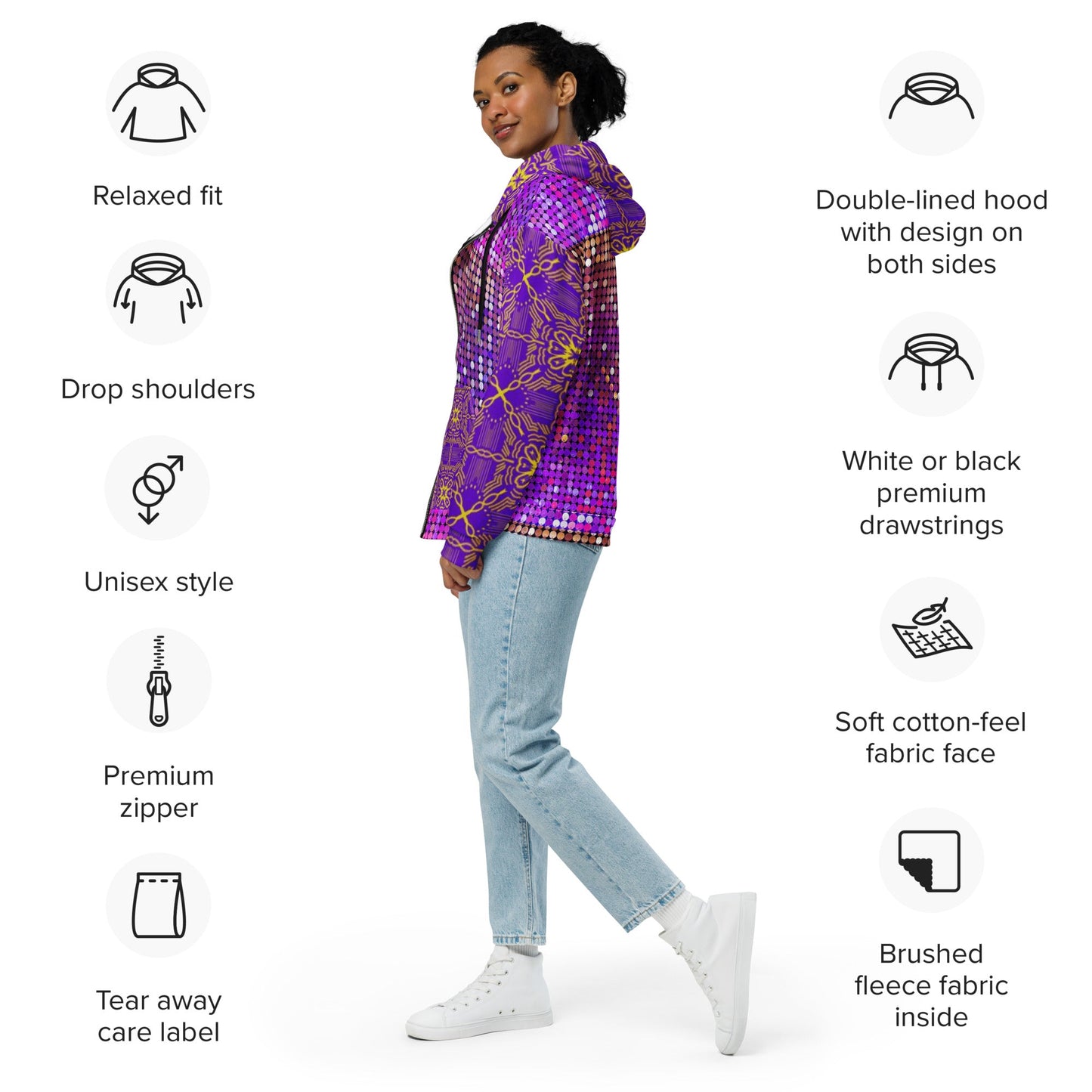 Unisex zip hoodie, Women's Purple Rhinestone Print Jacket Zipper Sweatshirt, hoodie, Streetwear - PratSN