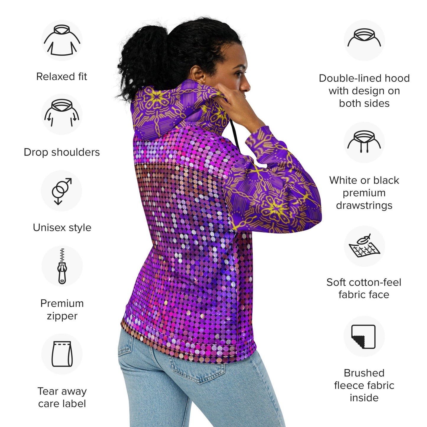 Unisex zip hoodie, Women's Purple Rhinestone Print Jacket Zipper Sweatshirt, hoodie, Streetwear - PratSN