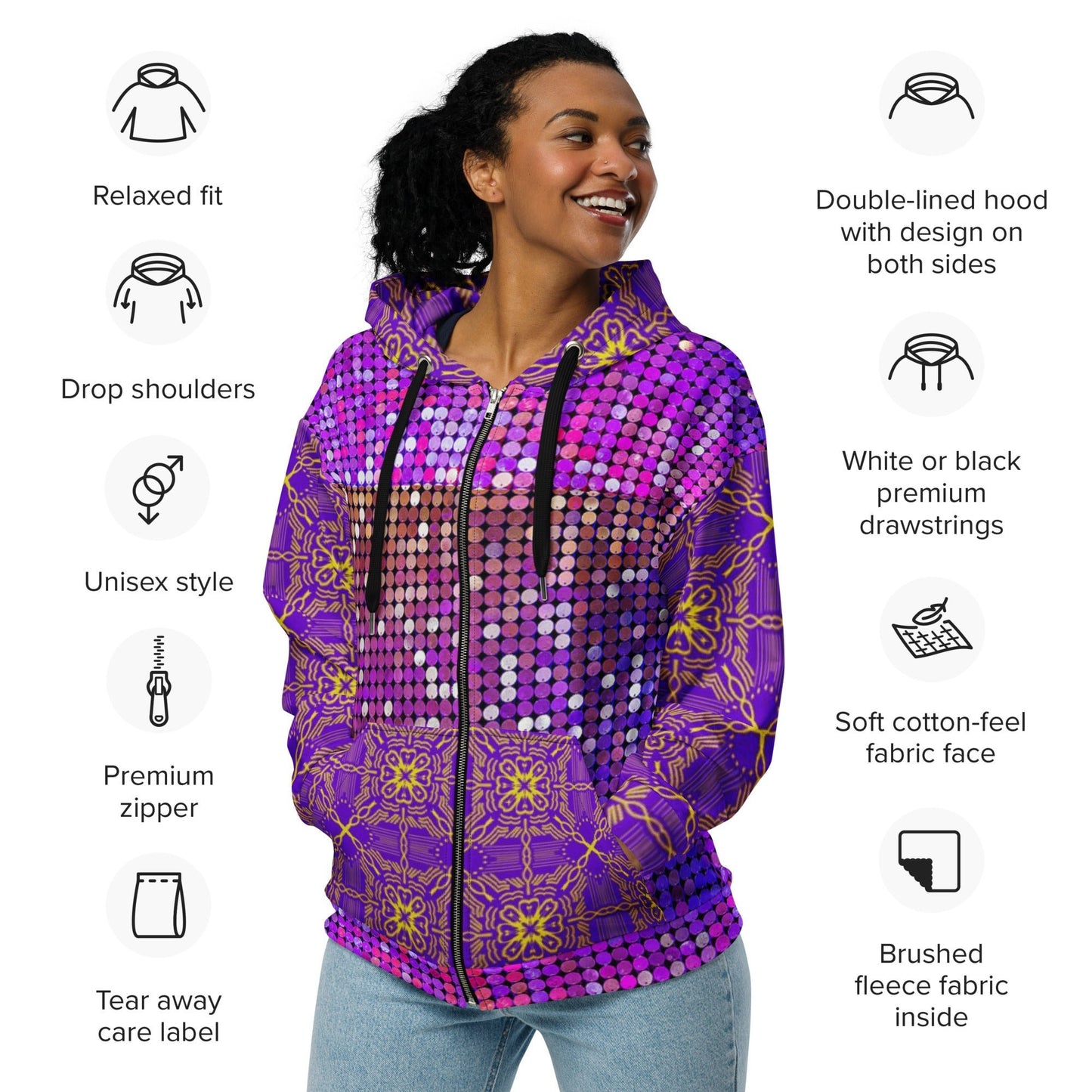 Unisex zip hoodie, Women's Purple Rhinestone Print Jacket Zipper Sweatshirt, hoodie, Streetwear - PratSN