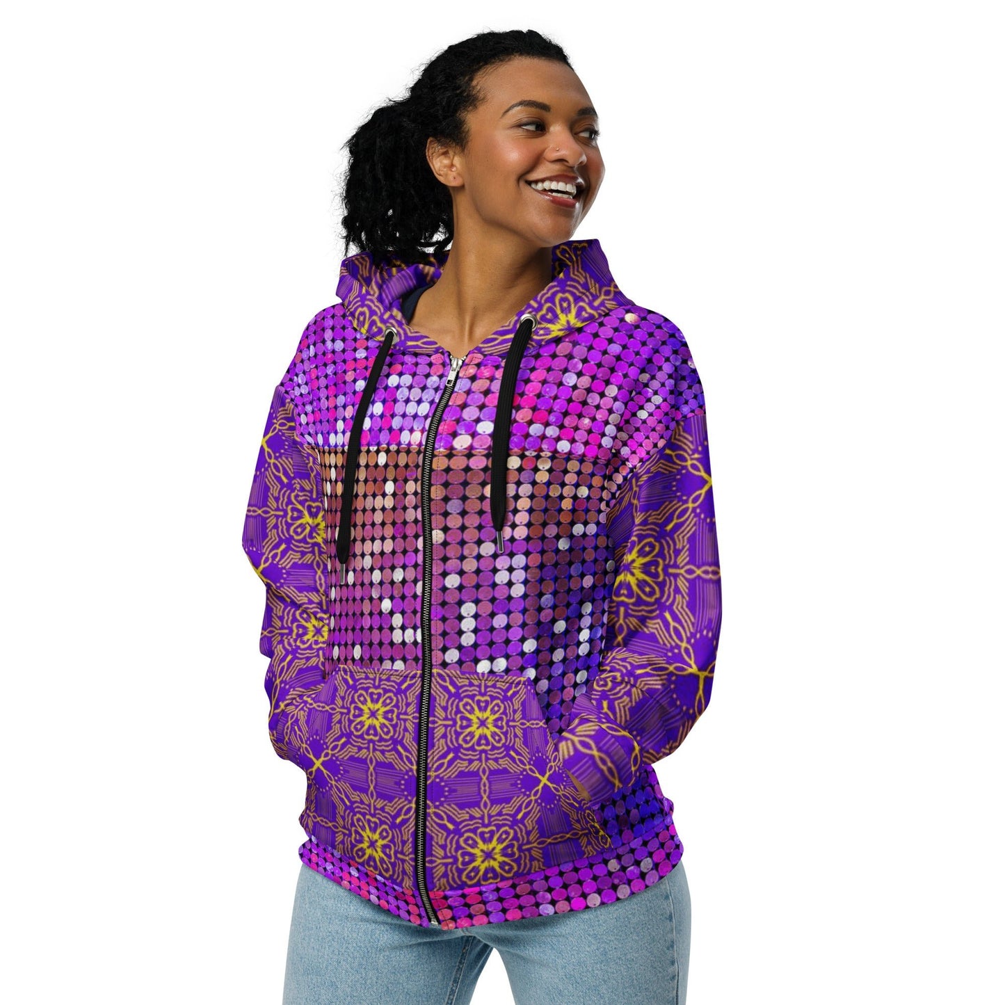 Unisex zip hoodie, Women's Purple Rhinestone Print Jacket Zipper Sweatshirt, hoodie, Streetwear - PratSN