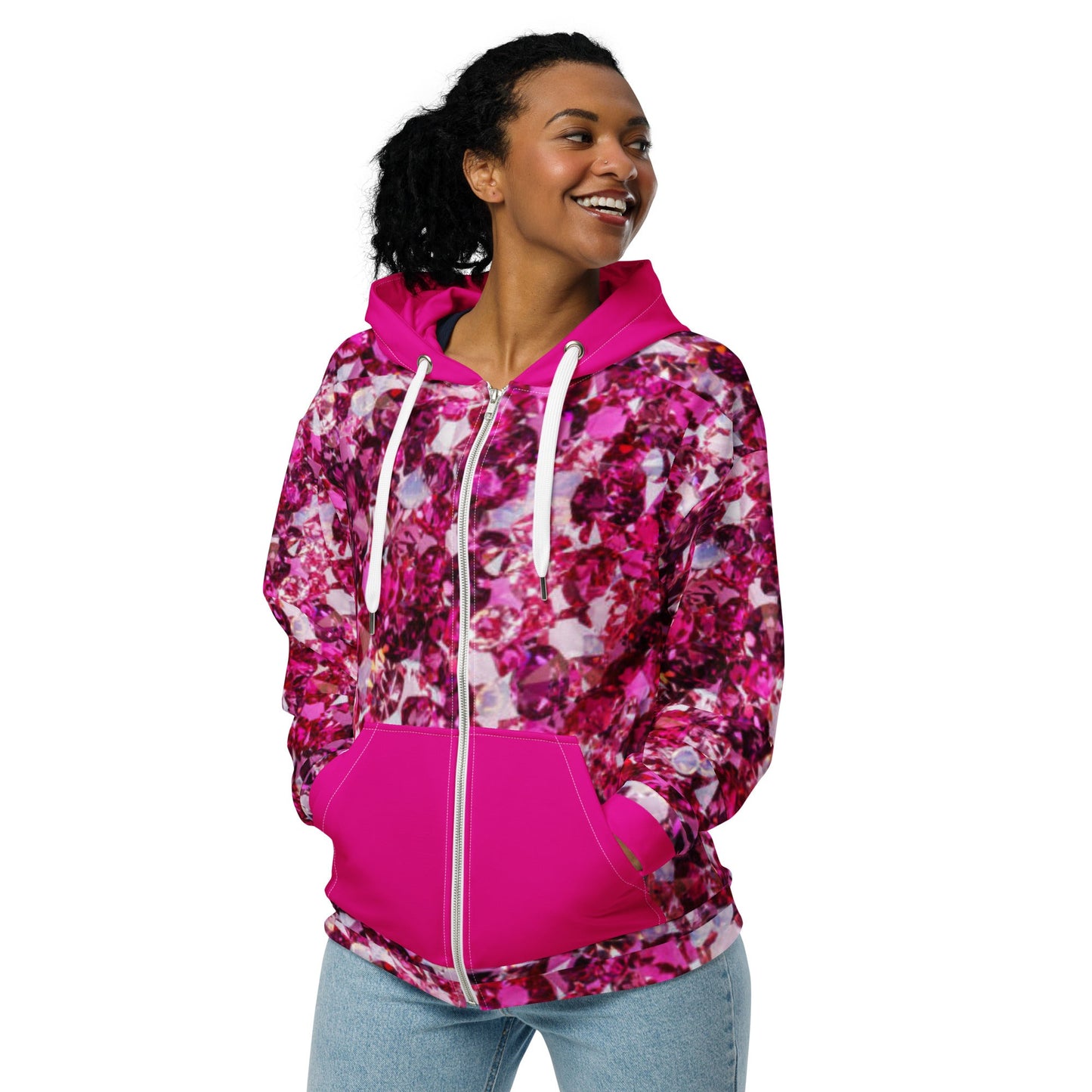 Unisex zip hoodie, Women's Rhinestone Print Jacket, Hoodie, Festival Zipper Sweatshirt, Floral hoodie, Streetwear - PratSN