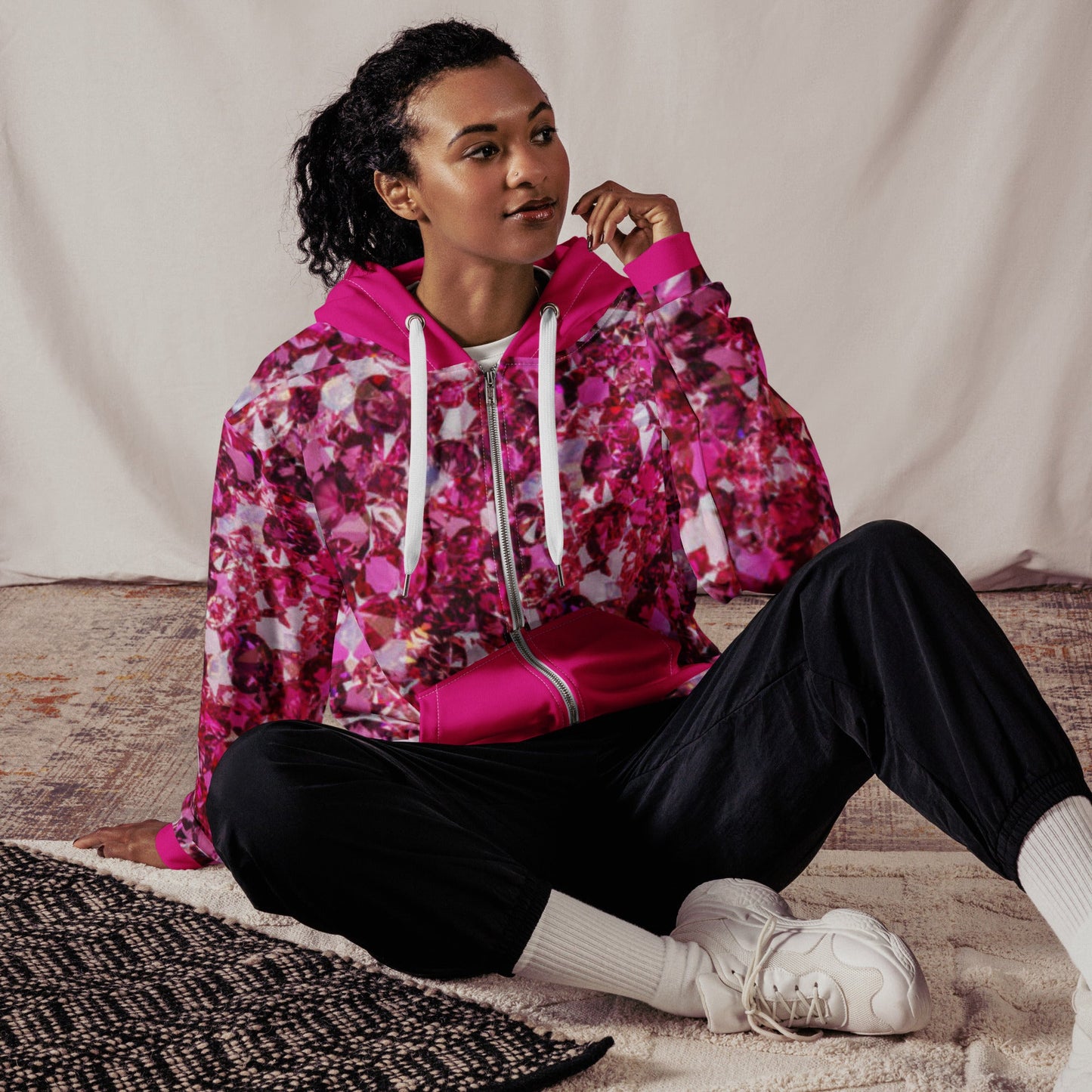 Unisex zip hoodie, Women's Rhinestone Print Jacket, Hoodie, Festival Zipper Sweatshirt, Floral hoodie, Streetwear - PratSN