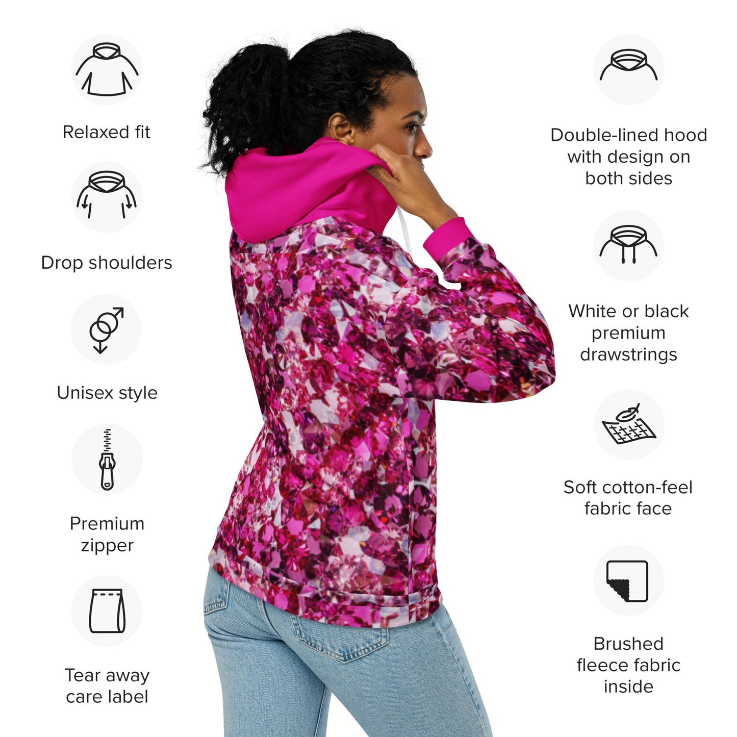 Unisex zip hoodie, Women's Rhinestone Print Jacket, Hoodie, Festival Zipper Sweatshirt, Floral hoodie, Streetwear - PratSN