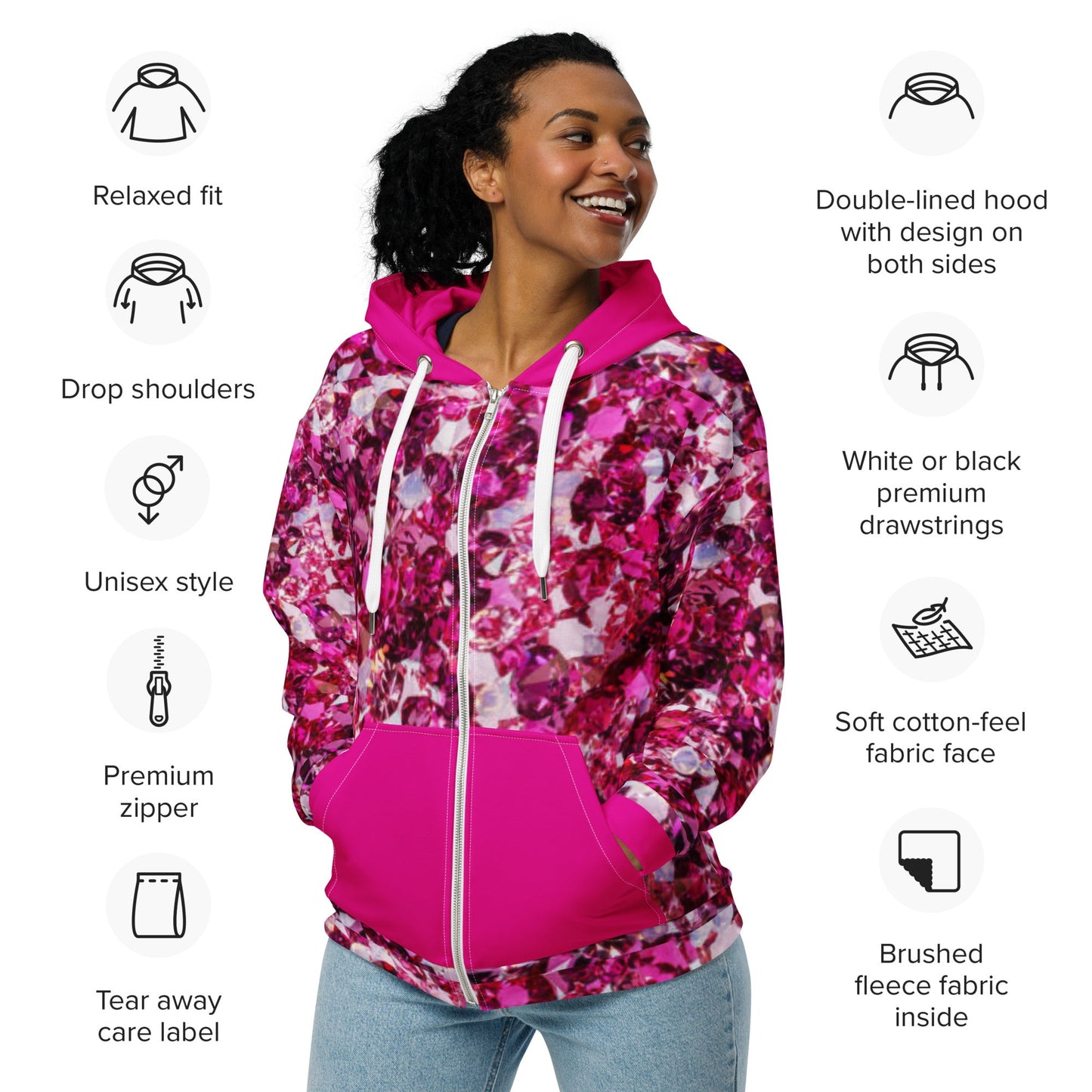 Unisex zip hoodie, Women's Rhinestone Print Jacket, Hoodie, Festival Zipper Sweatshirt, Floral hoodie, Streetwear - PratSN