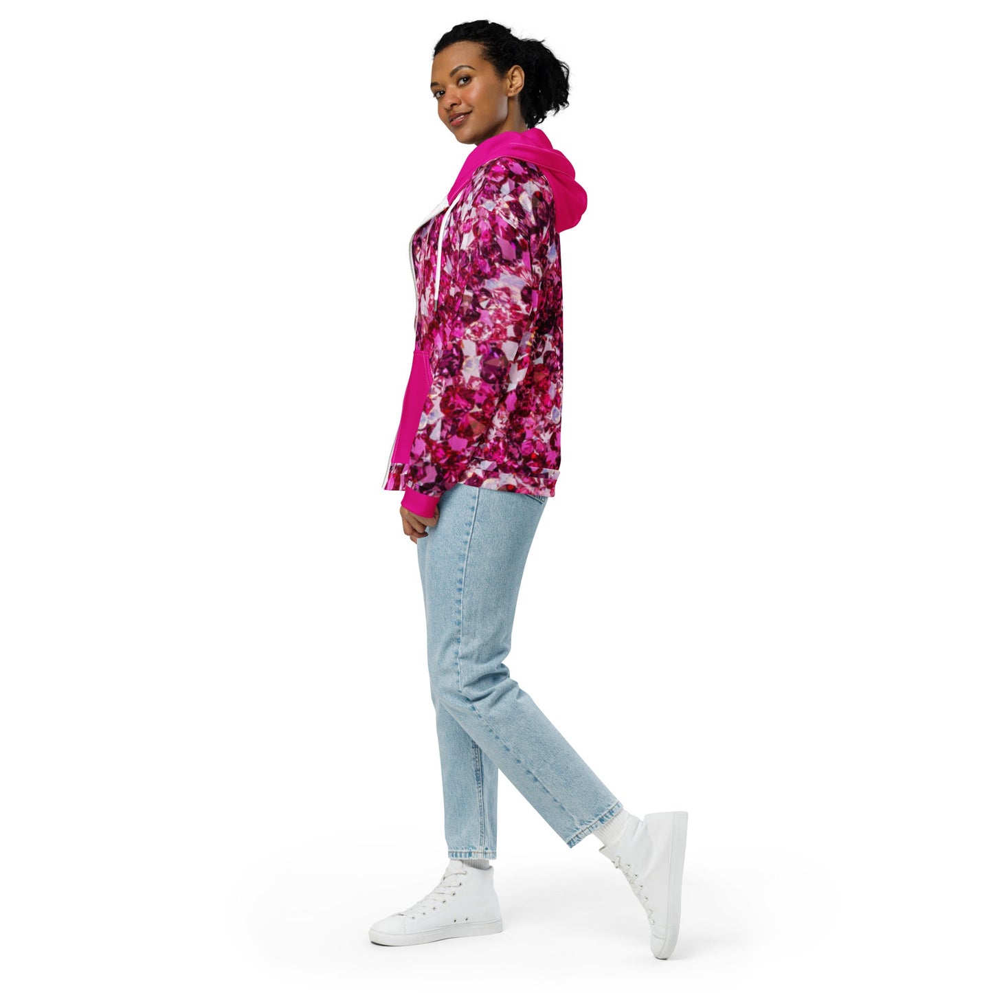 Unisex zip hoodie, Women's Rhinestone Print Jacket, Hoodie, Festival Zipper Sweatshirt, Floral hoodie, Streetwear - PratSN
