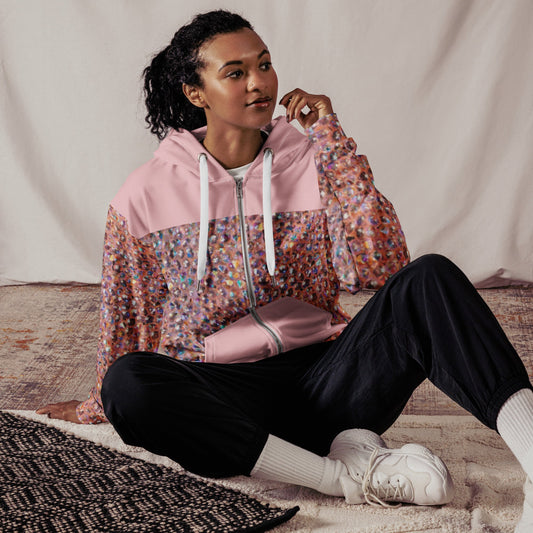 Unisex zip hoodie, Zipper Sweatshirt, Floral hoodie, Streetwear Women's pale pink Rhinestone Print Jacket( Not Real Sequins Design is printed onto fabric)t - PratSN