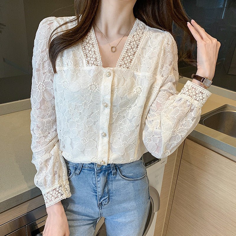 V - Neck Balloon Sleeve Long Sleeve Shirt Women's Top - PratSN