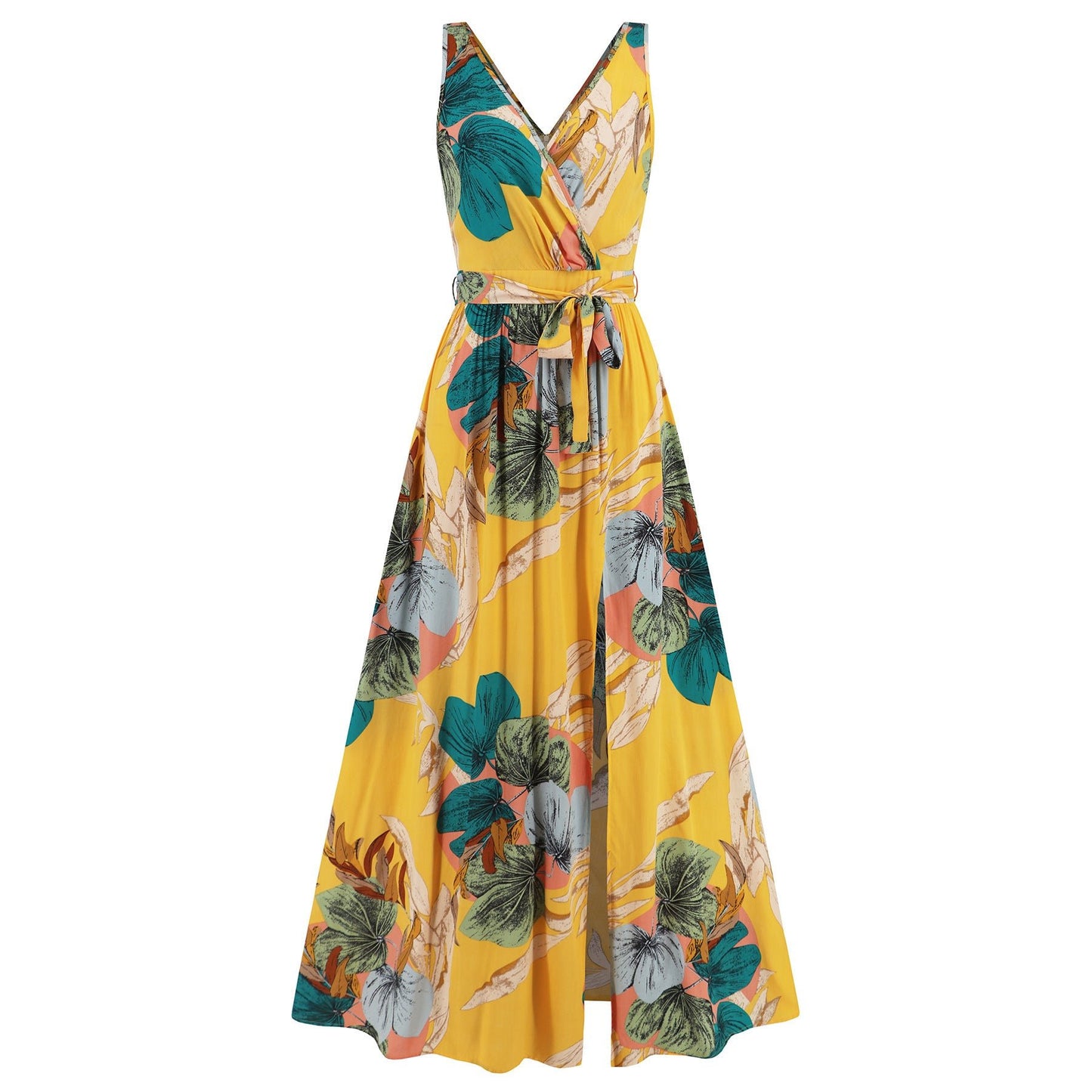 V - neck Floral Print Long Dress Summer Fashion Waist Tie Slit Design Sleeveless Dress For Womens Clothing - PratSN