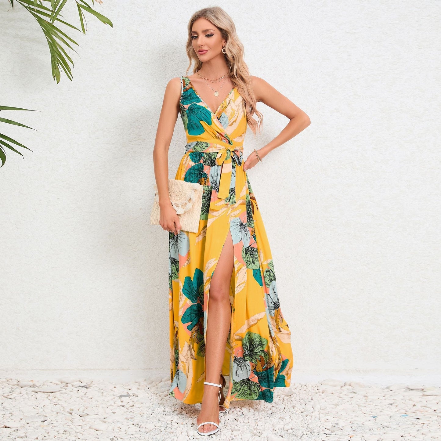 V - neck Floral Print Long Dress Summer Fashion Waist Tie Slit Design Sleeveless Dress For Womens Clothing - PratSN