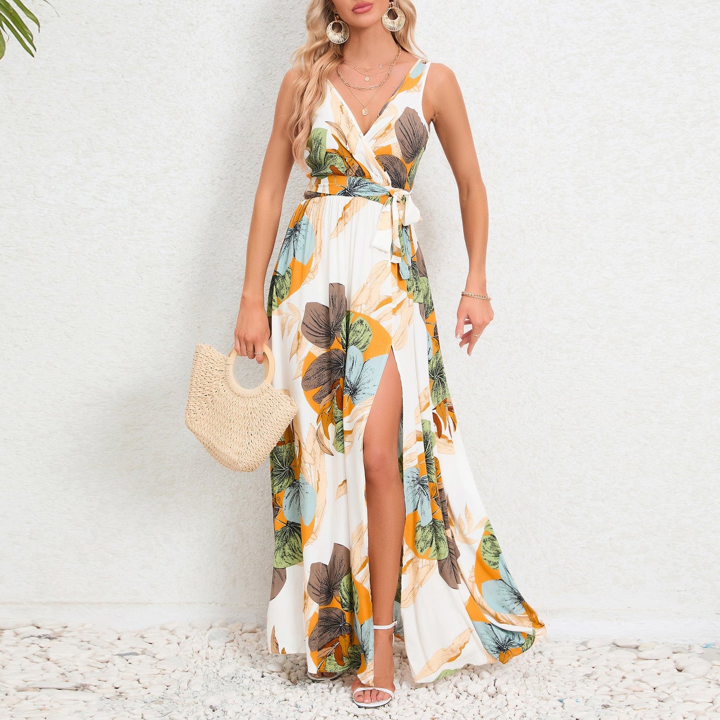 V - neck Floral Print Long Dress Summer Fashion Waist Tie Slit Design Sleeveless Dress For Womens Clothing - PratSN