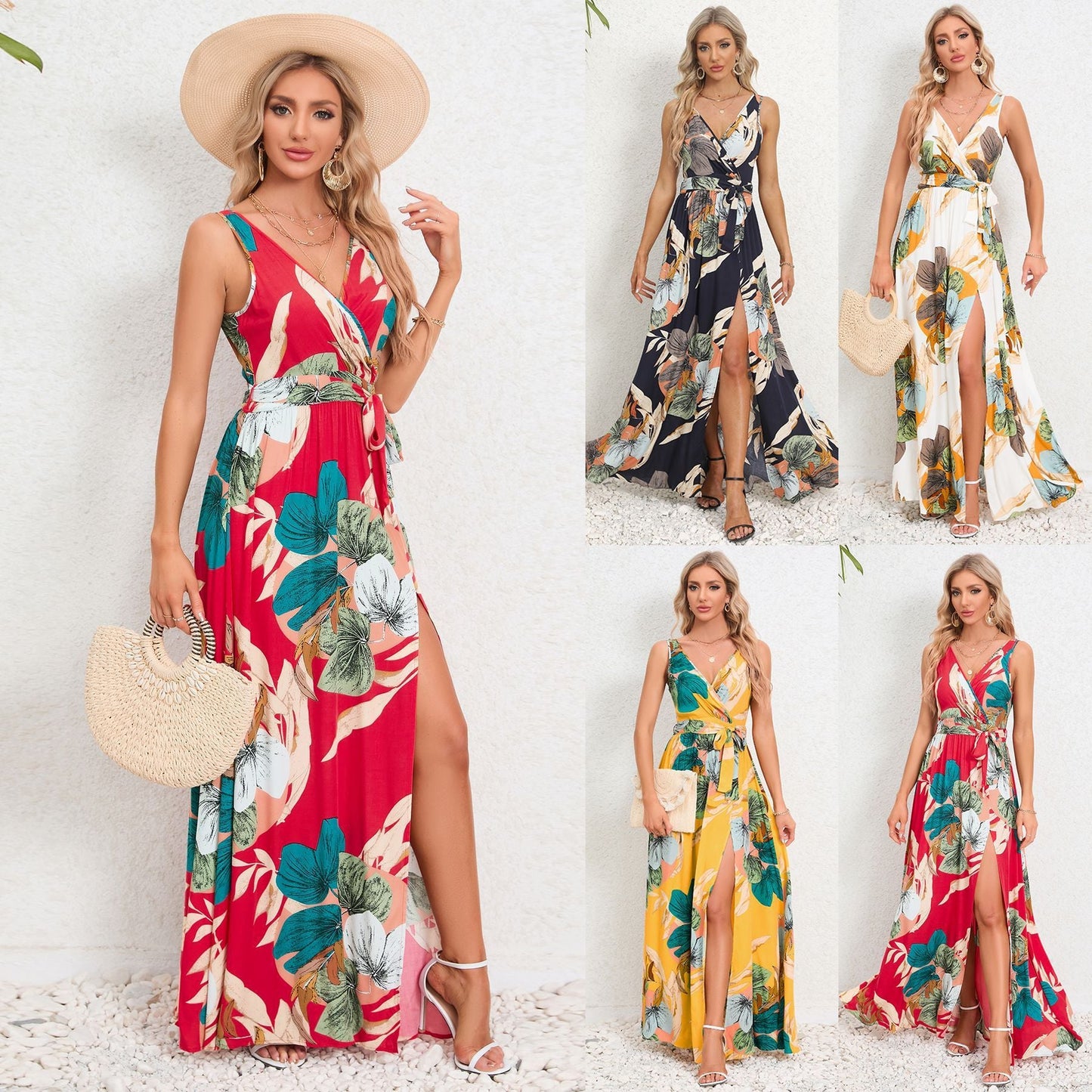 V - neck Floral Print Long Dress Summer Fashion Waist Tie Slit Design Sleeveless Dress For Womens Clothing - PratSN