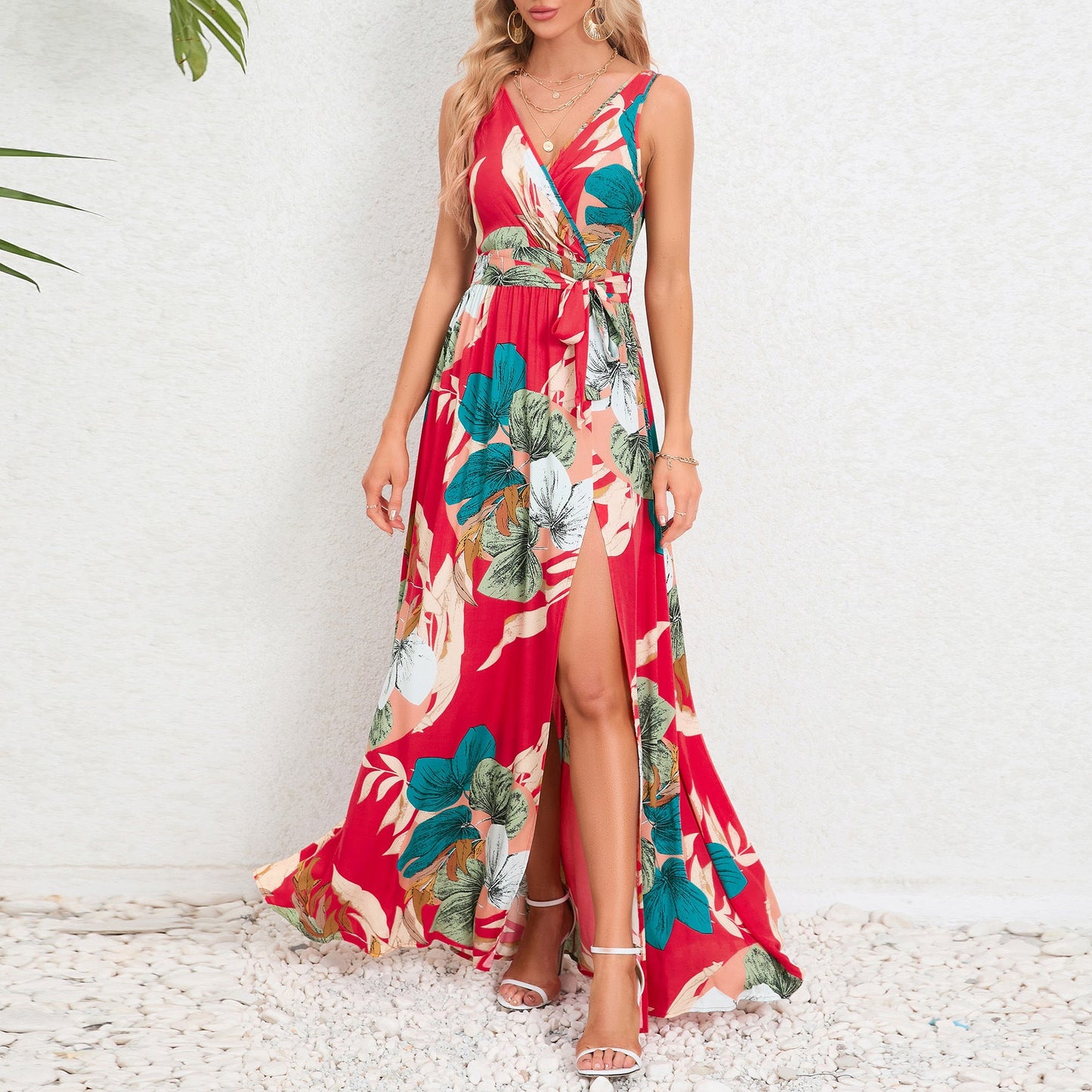 V - neck Floral Print Long Dress Summer Fashion Waist Tie Slit Design Sleeveless Dress For Womens Clothing - PratSN