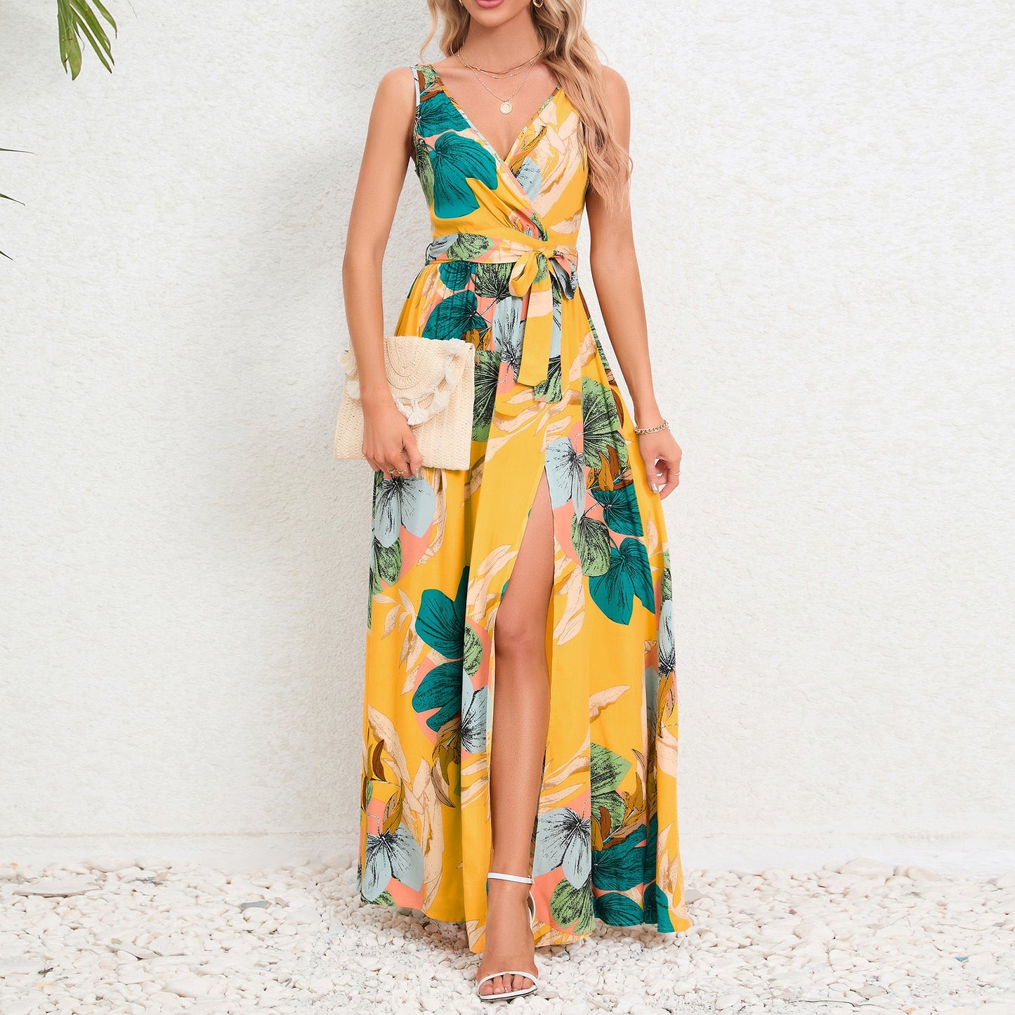 V - neck Floral Print Long Dress Summer Fashion Waist Tie Slit Design Sleeveless Dress For Womens Clothing - PratSN