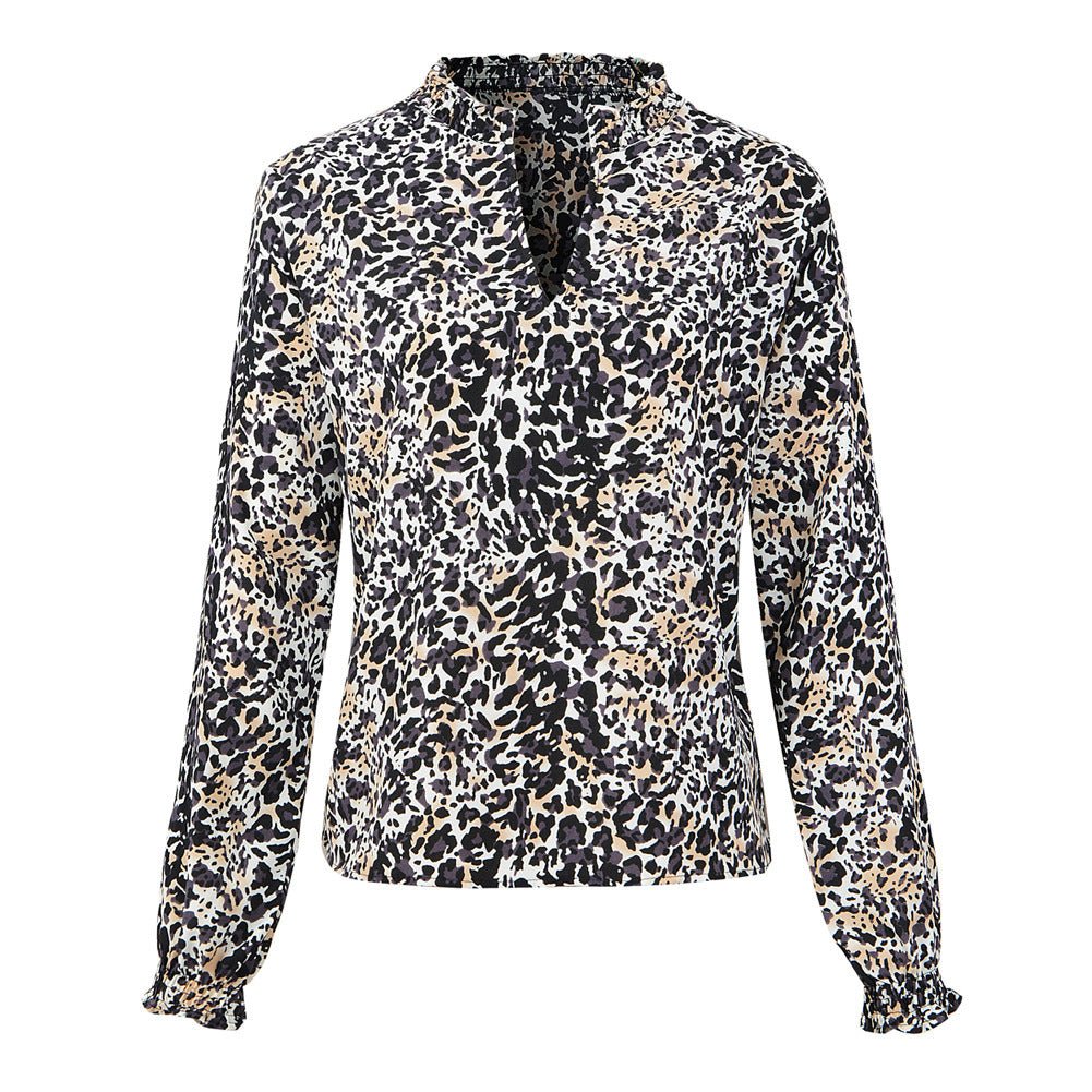 V Neck Leopard Print Chiffon Shirt Long Sleeved Top Women - PratSN