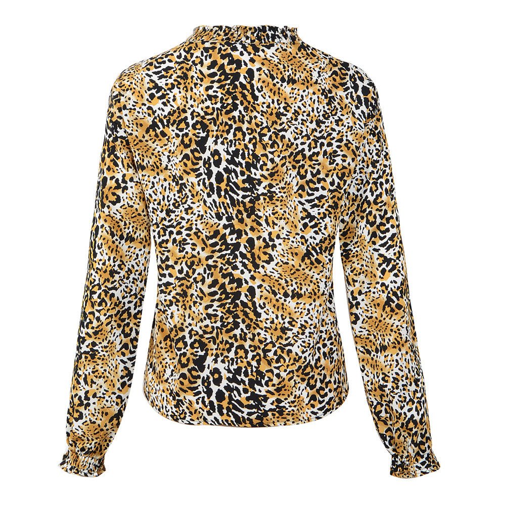 V Neck Leopard Print Chiffon Shirt Long Sleeved Top Women - PratSN