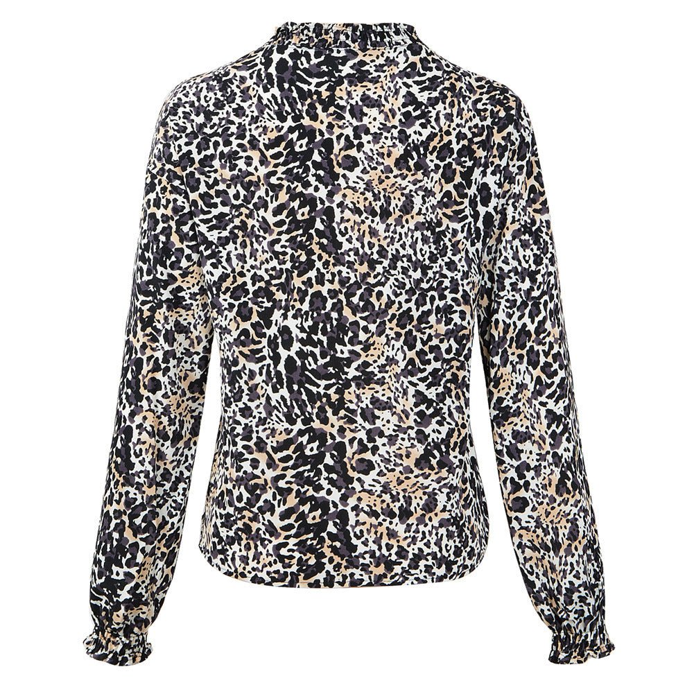 V Neck Leopard Print Chiffon Shirt Long Sleeved Top Women - PratSN