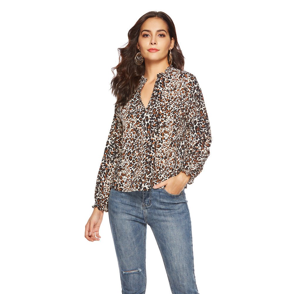 V Neck Leopard Print Chiffon Shirt Long Sleeved Top Women - PratSN