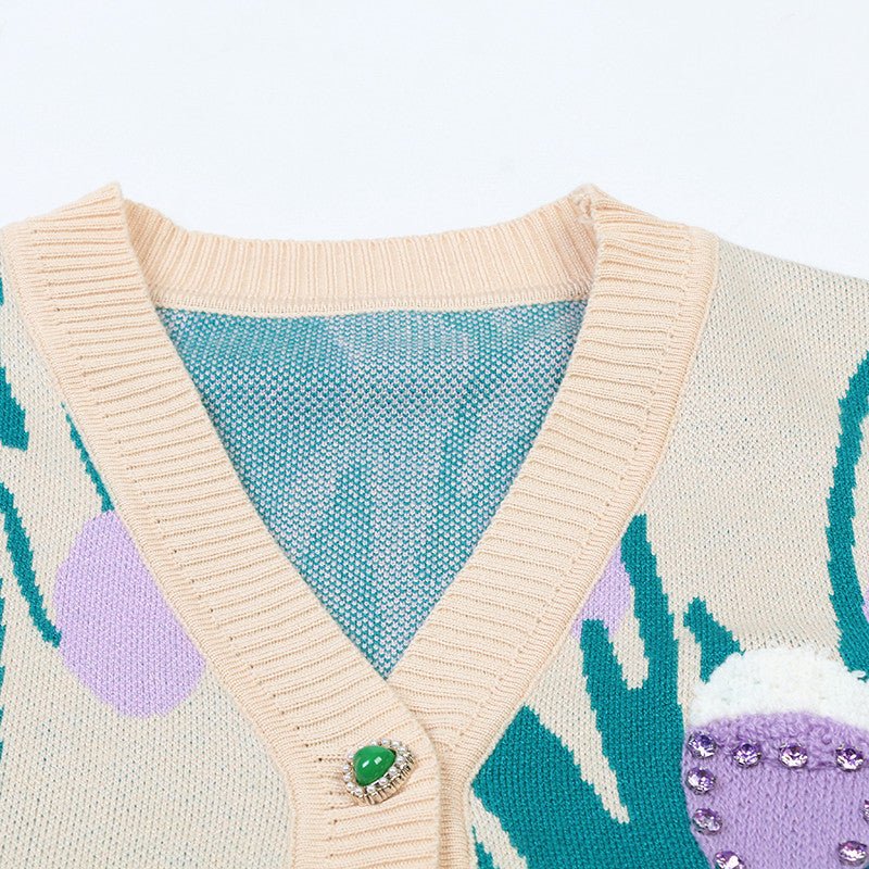 V - neck Long Sleeve Contrast Color Flower Beaded Loose Temperament Commuting Fashion Knitted Cardigan - PratSN