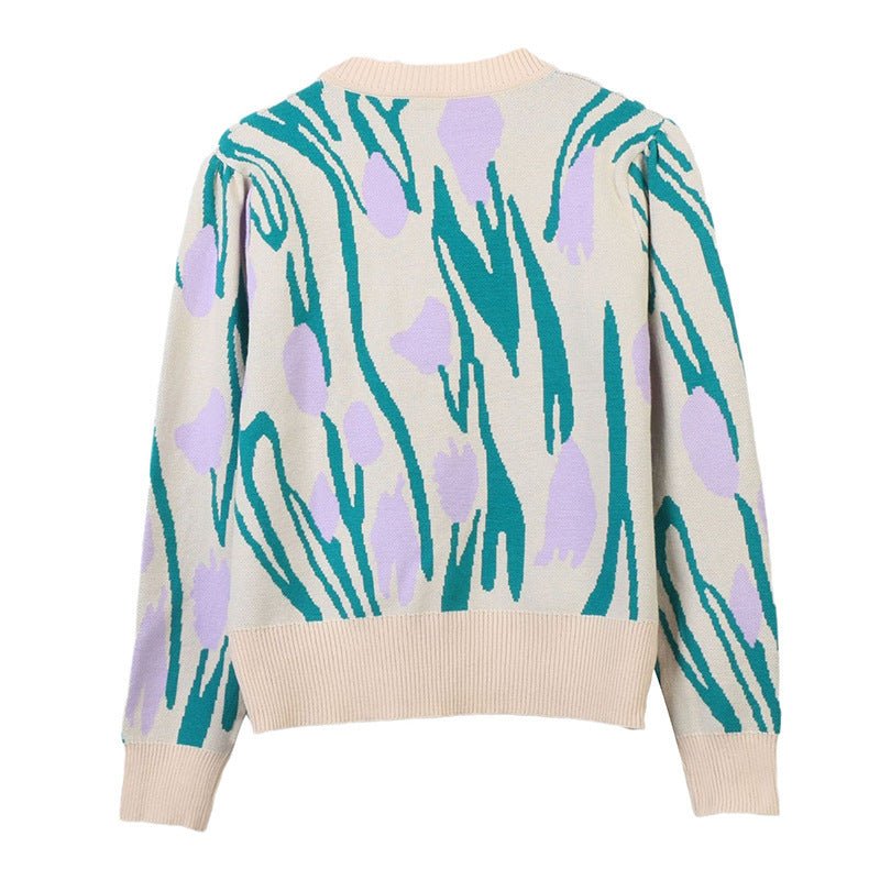 V - neck Long Sleeve Contrast Color Flower Beaded Loose Temperament Commuting Fashion Knitted Cardigan - PratSN