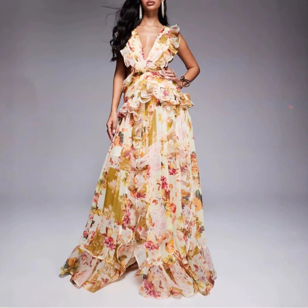VGH Runway Style Maxi Dresses for Women V Neck Sleeveless High Waist Patchwork Ruffles Edge French Sexy Printed Dress Female New - PratSN