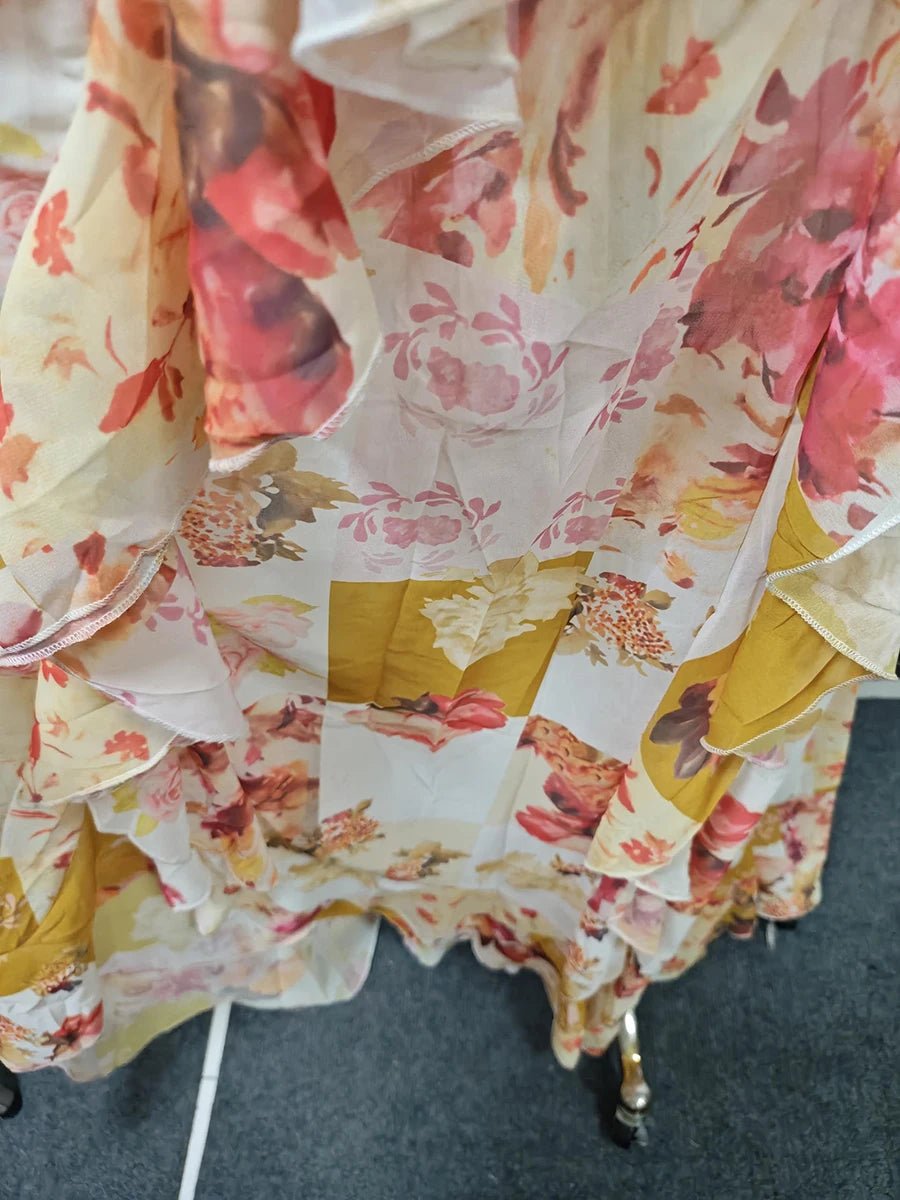 VGH Runway Style Maxi Dresses for Women V Neck Sleeveless High Waist Patchwork Ruffles Edge French Sexy Printed Dress Female New - PratSN