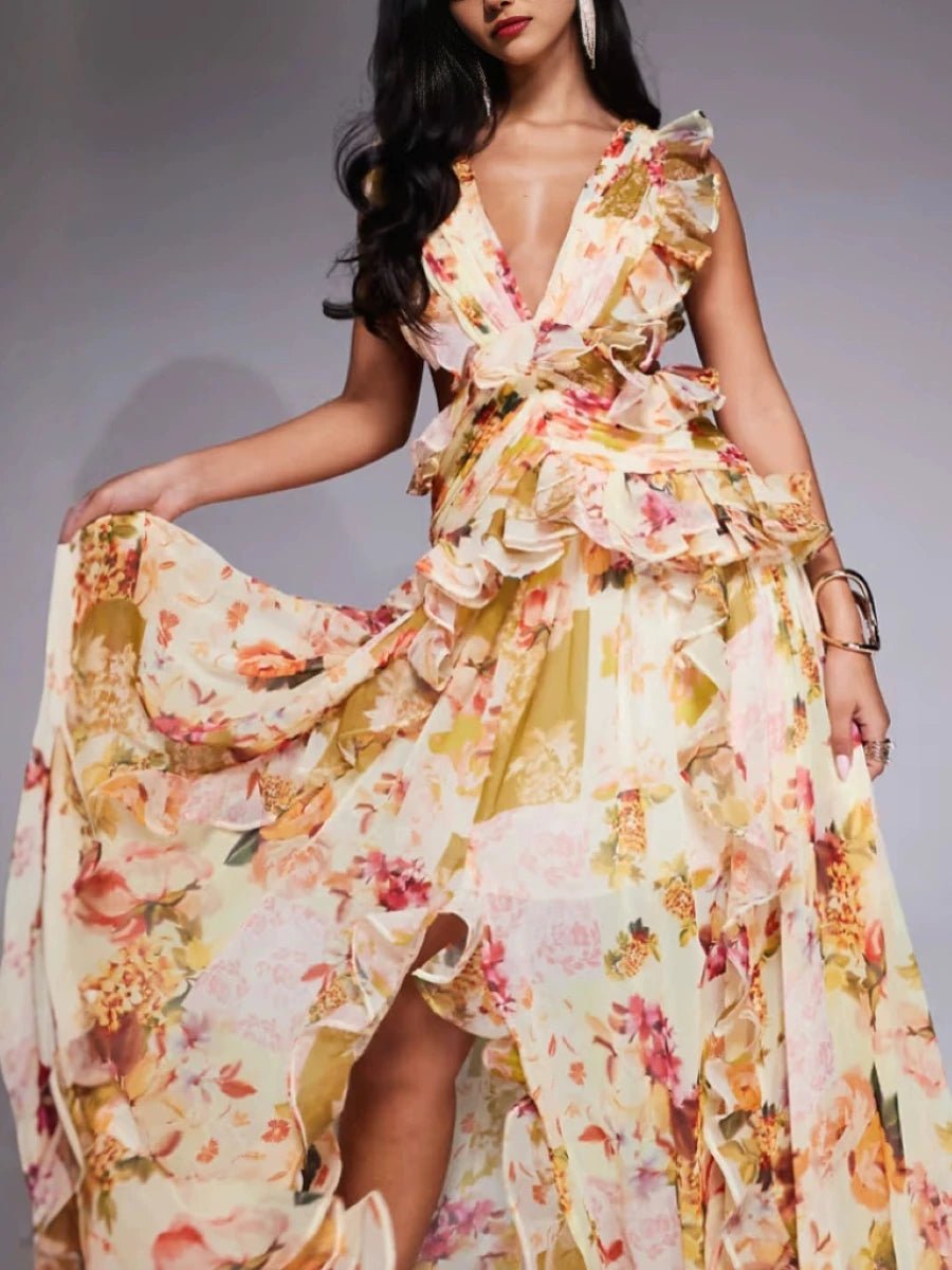 VGH Runway Style Maxi Dresses for Women V Neck Sleeveless High Waist Patchwork Ruffles Edge French Sexy Printed Dress Female New - PratSN