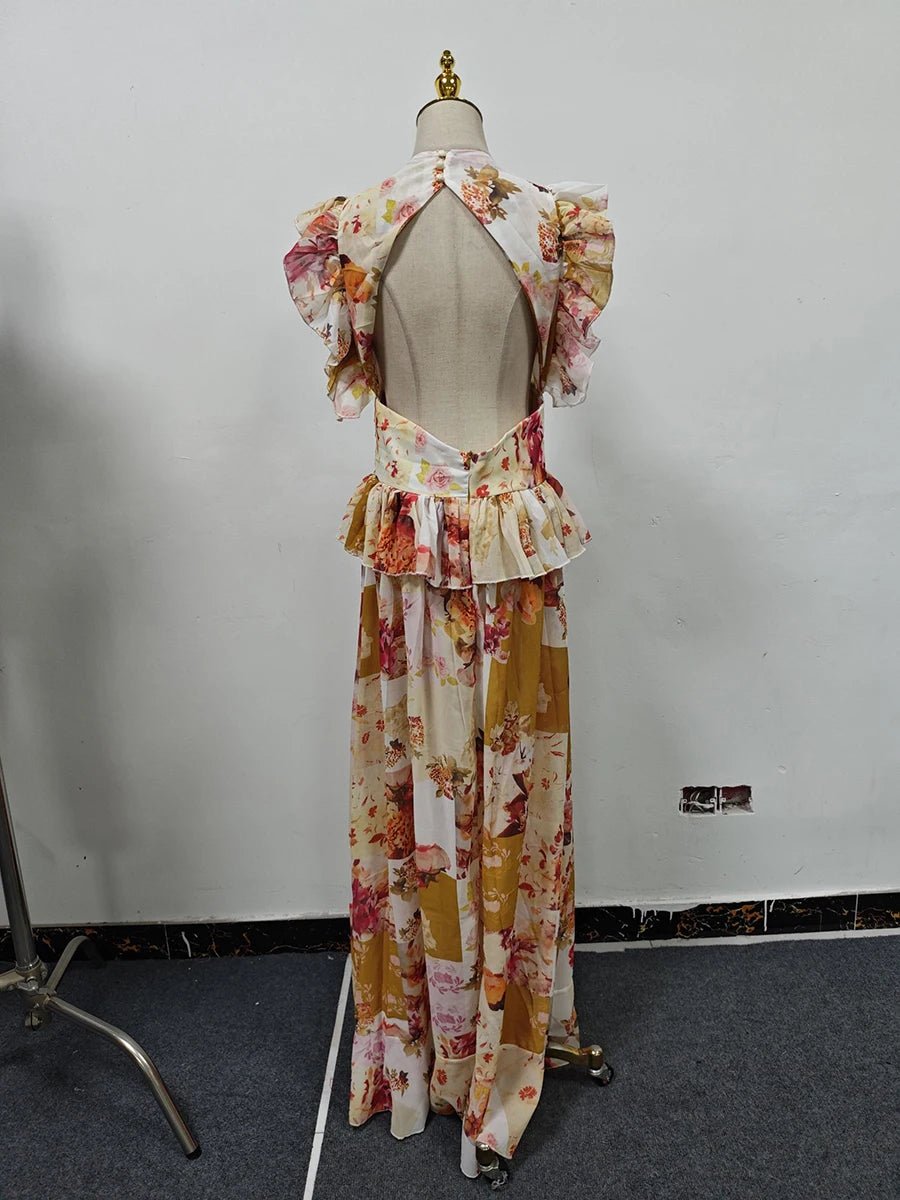 VGH Runway Style Maxi Dresses for Women V Neck Sleeveless High Waist Patchwork Ruffles Edge French Sexy Printed Dress Female New - PratSN