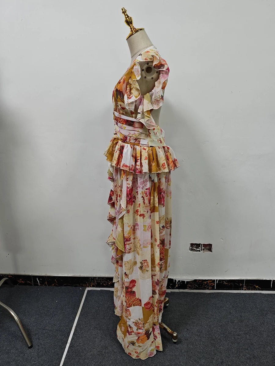 VGH Runway Style Maxi Dresses for Women V Neck Sleeveless High Waist Patchwork Ruffles Edge French Sexy Printed Dress Female New - PratSN
