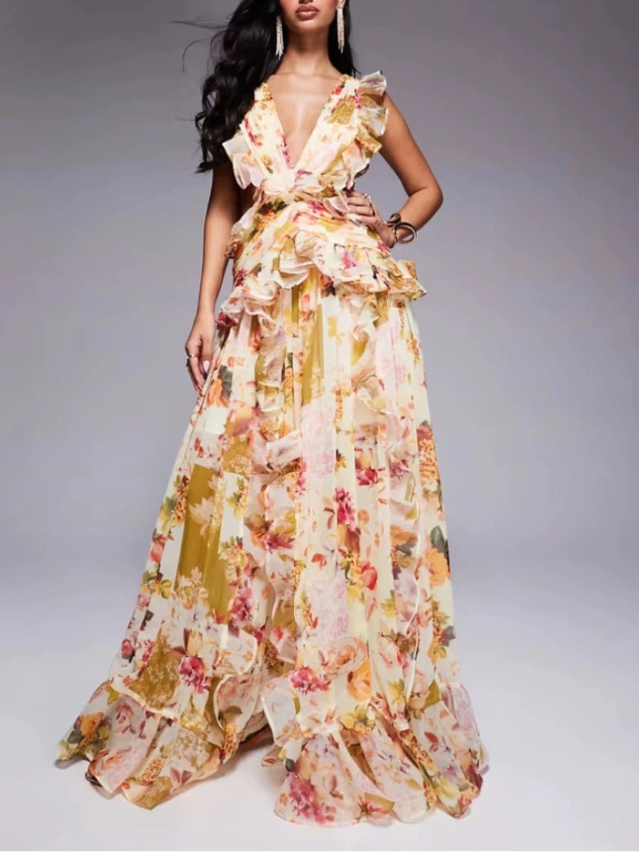 VGH Runway Style Maxi Dresses for Women V Neck Sleeveless High Waist Patchwork Ruffles Edge French Sexy Printed Dress Female New - PratSN
