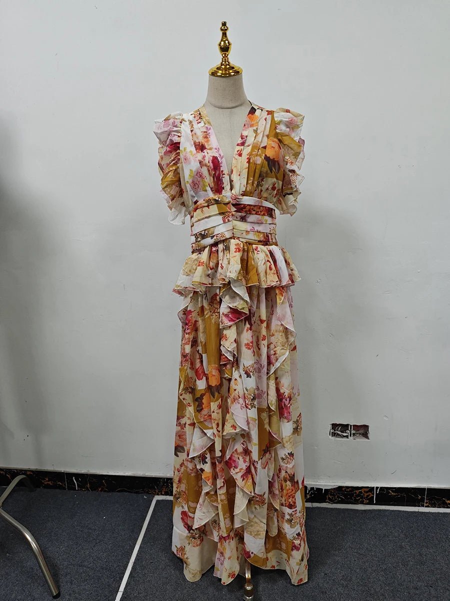 VGH Runway Style Maxi Dresses for Women V Neck Sleeveless High Waist Patchwork Ruffles Edge French Sexy Printed Dress Female New - PratSN