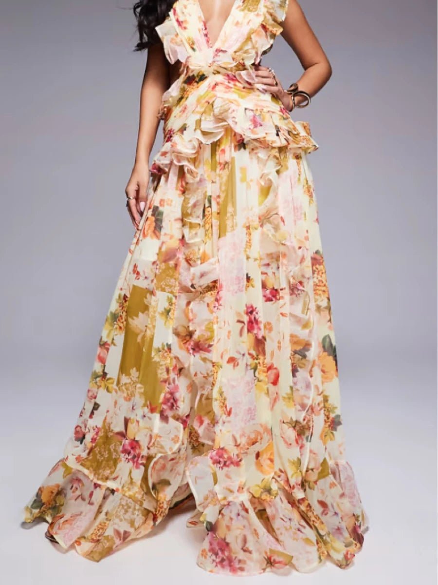 VGH Runway Style Maxi Dresses for Women V Neck Sleeveless High Waist Patchwork Ruffles Edge French Sexy Printed Dress Female New - PratSN