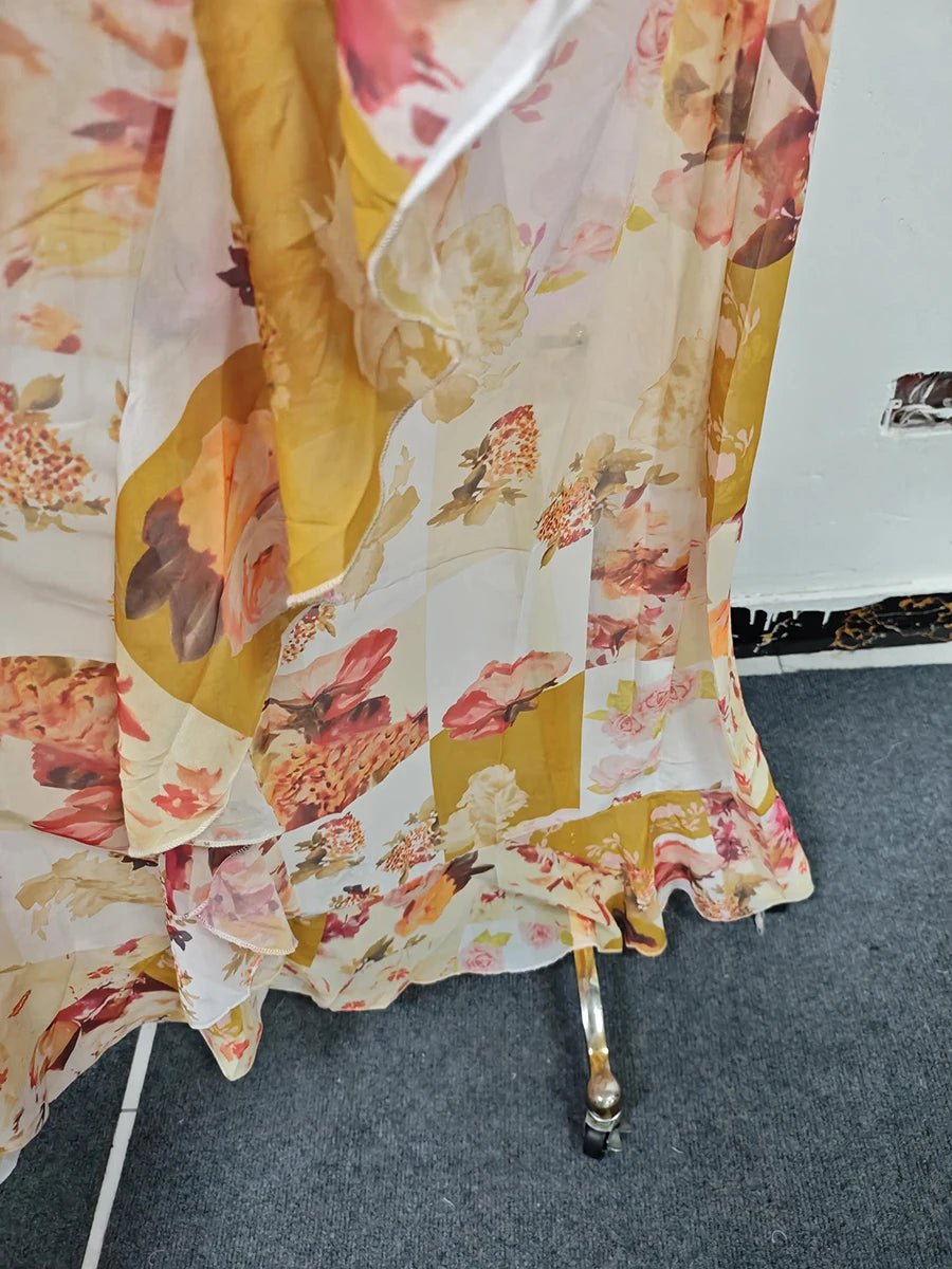 VGH Runway Style Maxi Dresses for Women V Neck Sleeveless High Waist Patchwork Ruffles Edge French Sexy Printed Dress Female New - PratSN