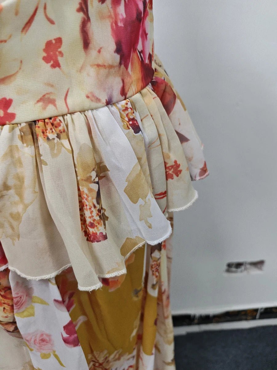 VGH Runway Style Maxi Dresses for Women V Neck Sleeveless High Waist Patchwork Ruffles Edge French Sexy Printed Dress Female New - PratSN