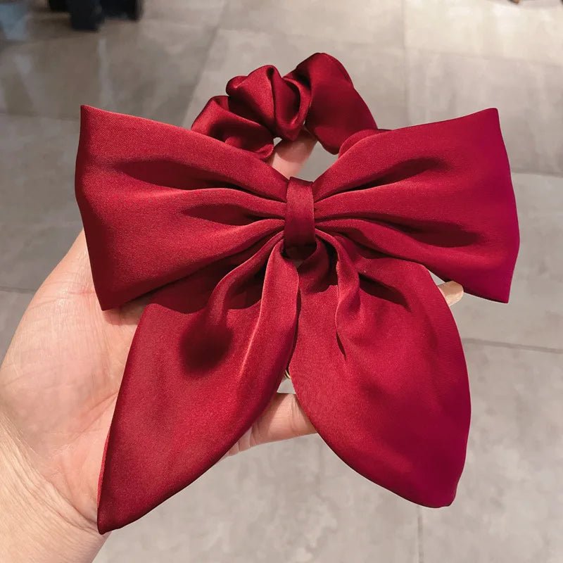 Vintage Red Large Satin Bow Elastic Hair Bands Ties for Women Girls Fashion Solid Rubber Bands Scrunchies Hair Accessories - PratSN