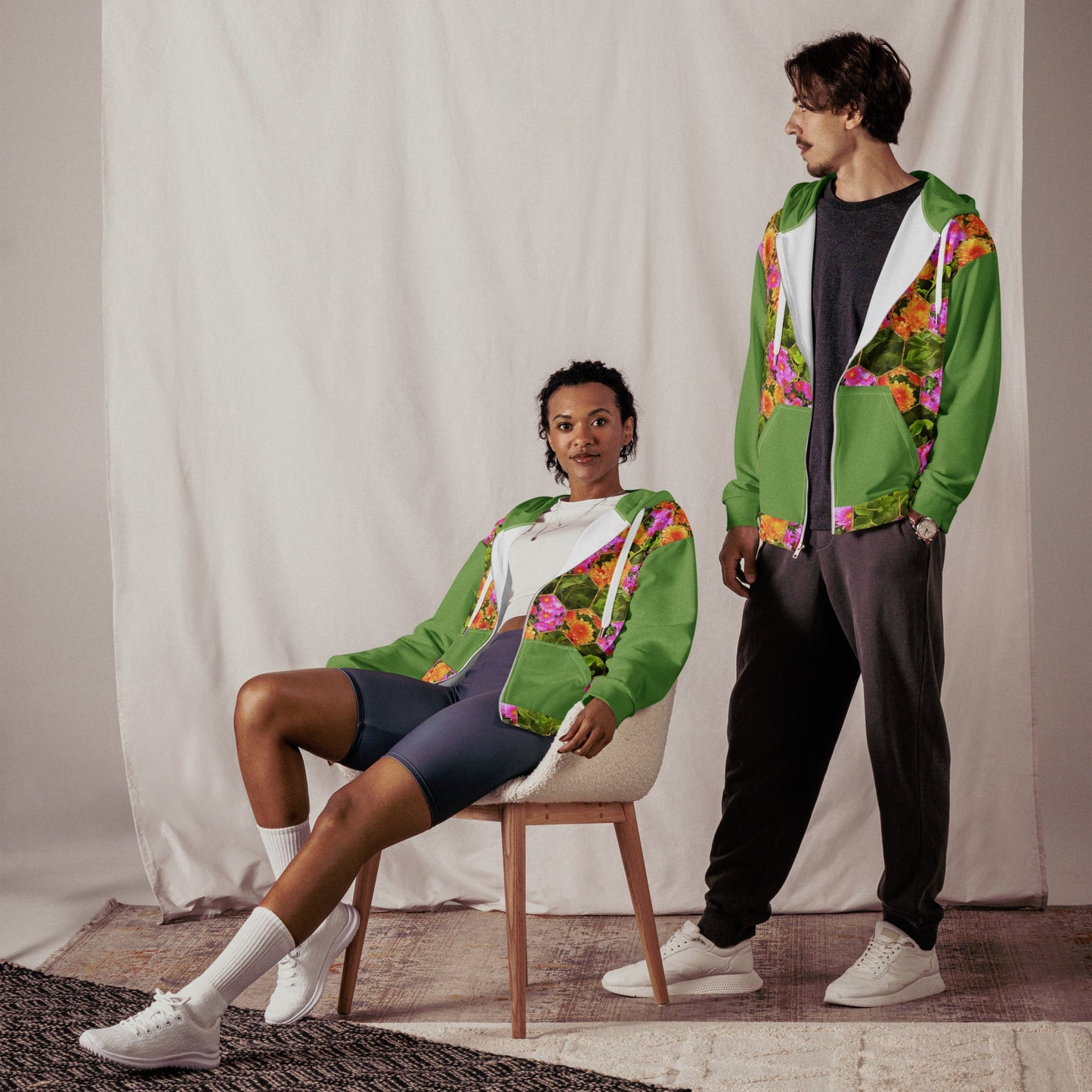 Vintage Style Green Floral Unisex Zip Hoodie - PratSN