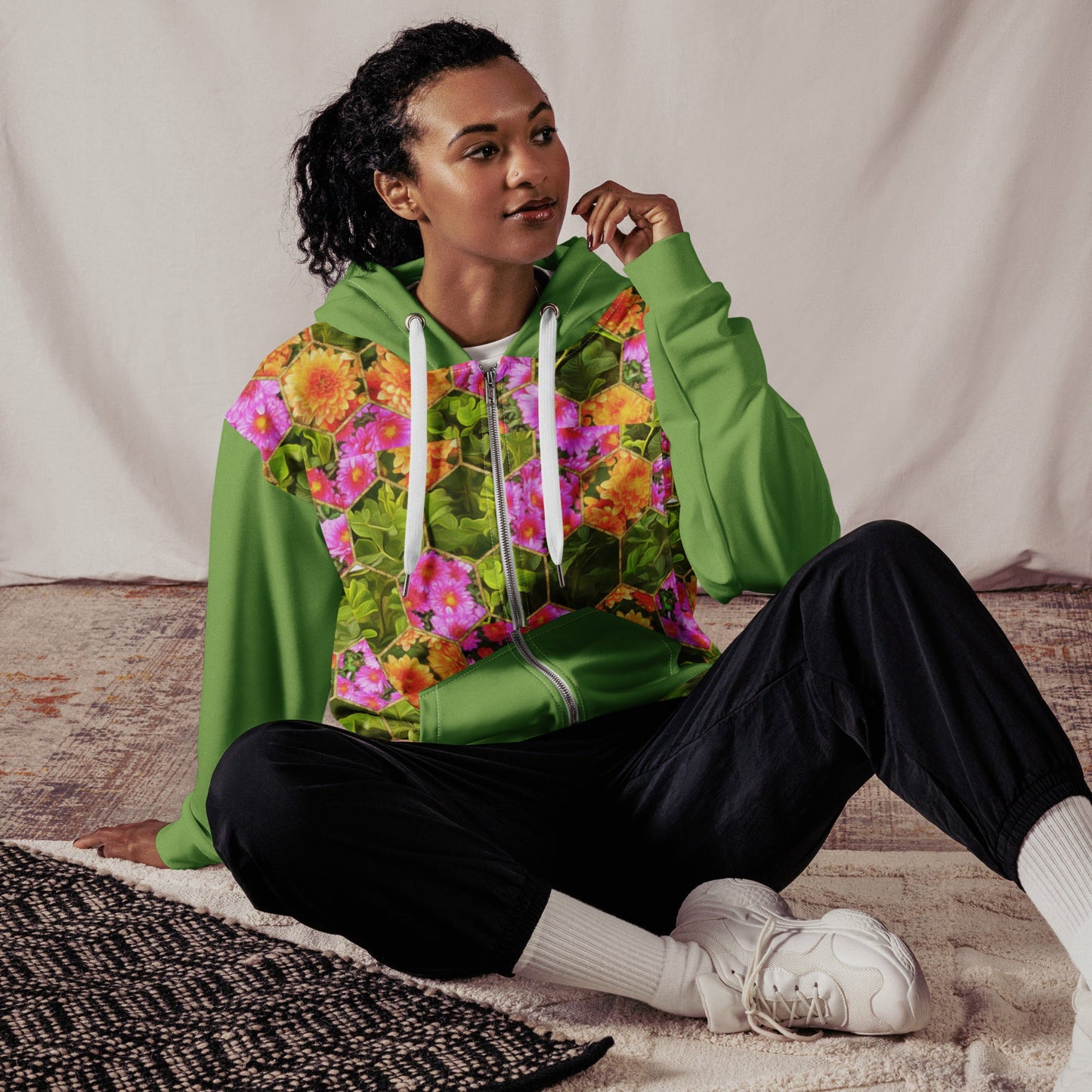 Vintage Style Green Floral Unisex Zip Hoodie - PratSN