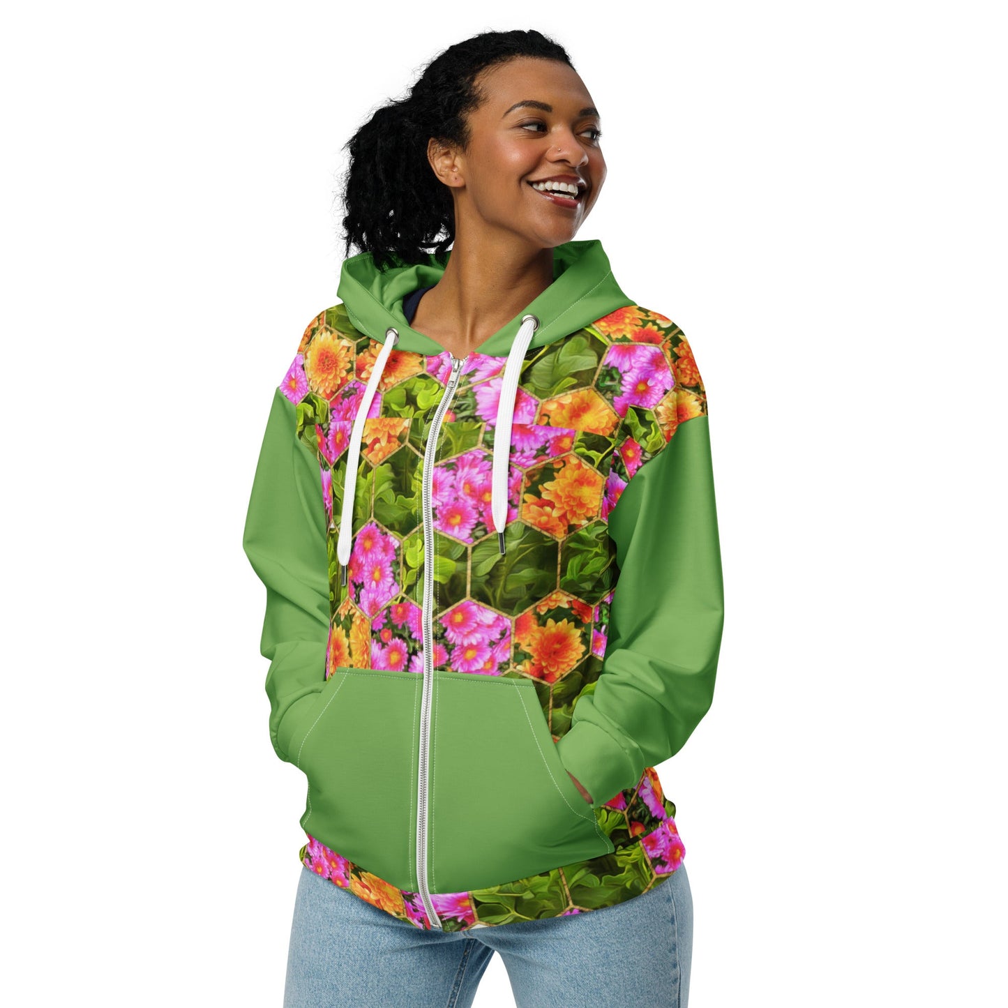 Vintage Style Green Floral Unisex Zip Hoodie - PratSN
