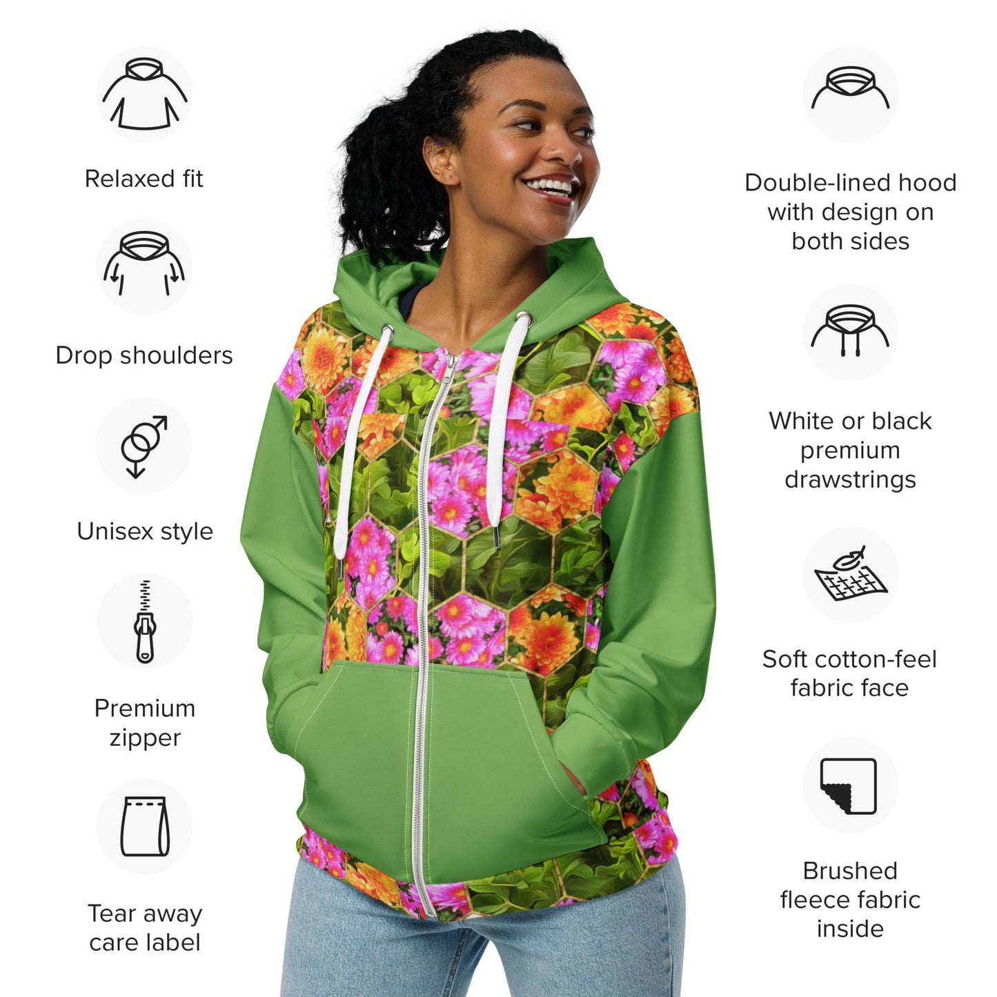 Vintage Style Green Floral Unisex Zip Hoodie - PratSN