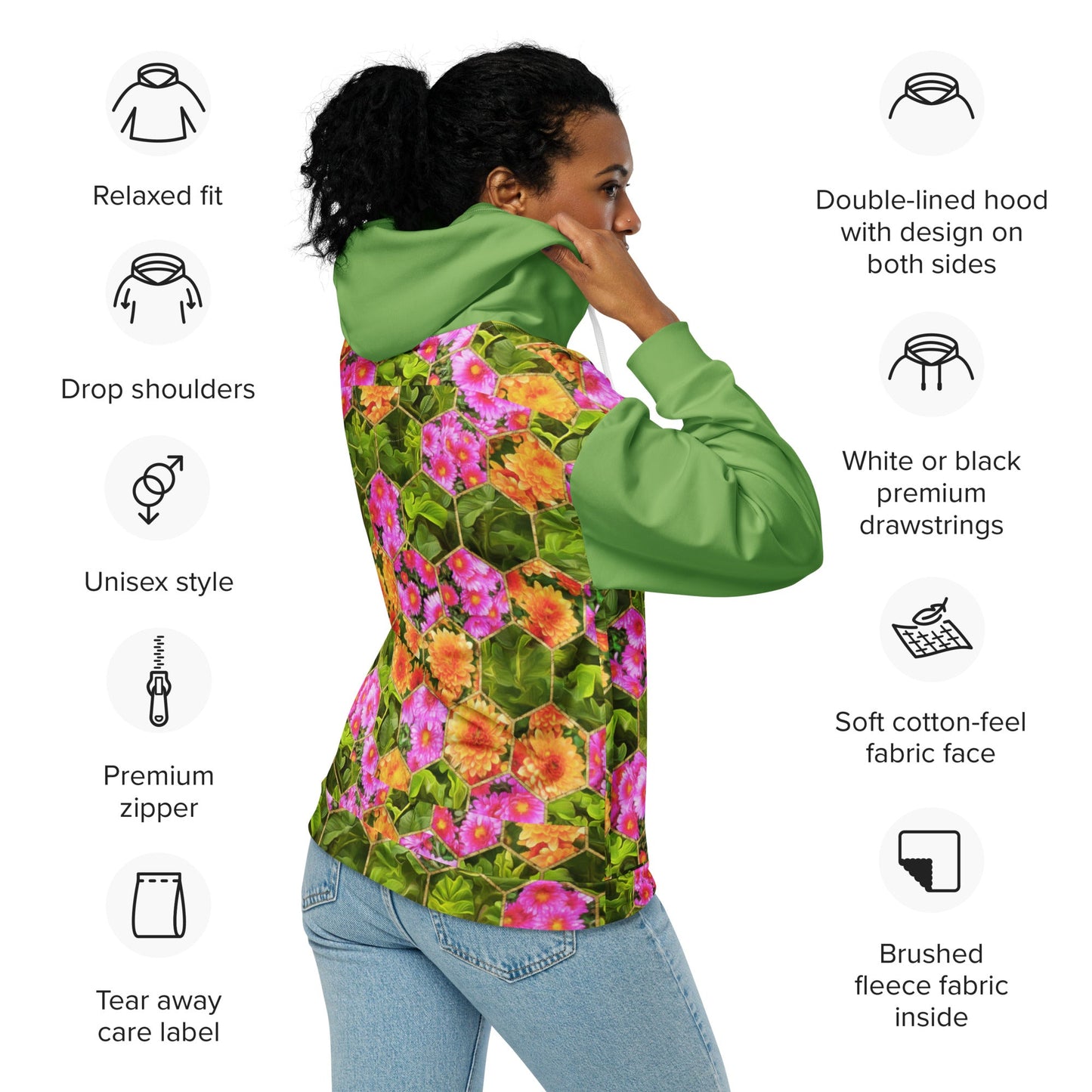Vintage Style Green Floral Unisex Zip Hoodie - PratSN