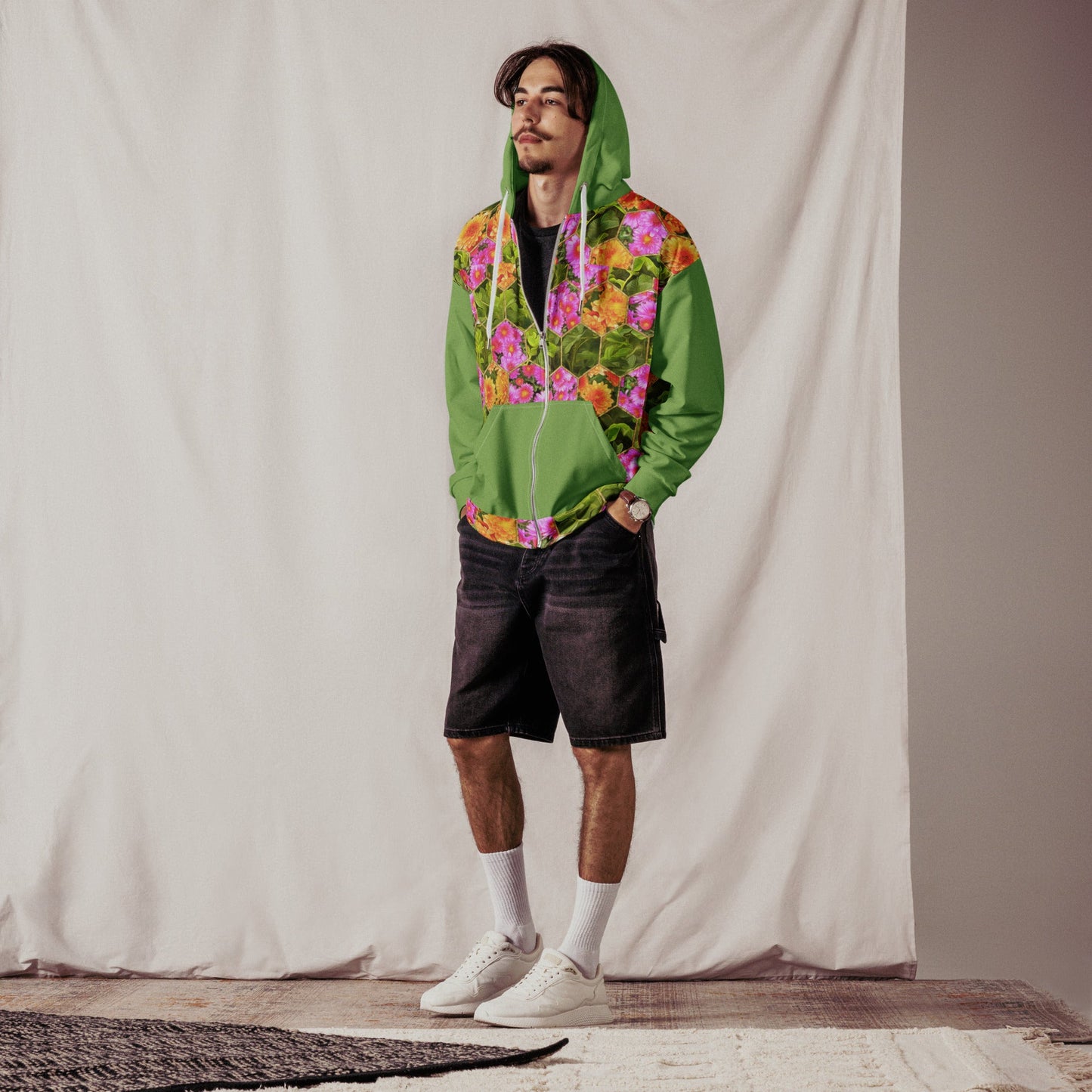 Vintage Style Green Floral Unisex Zip Hoodie - PratSN