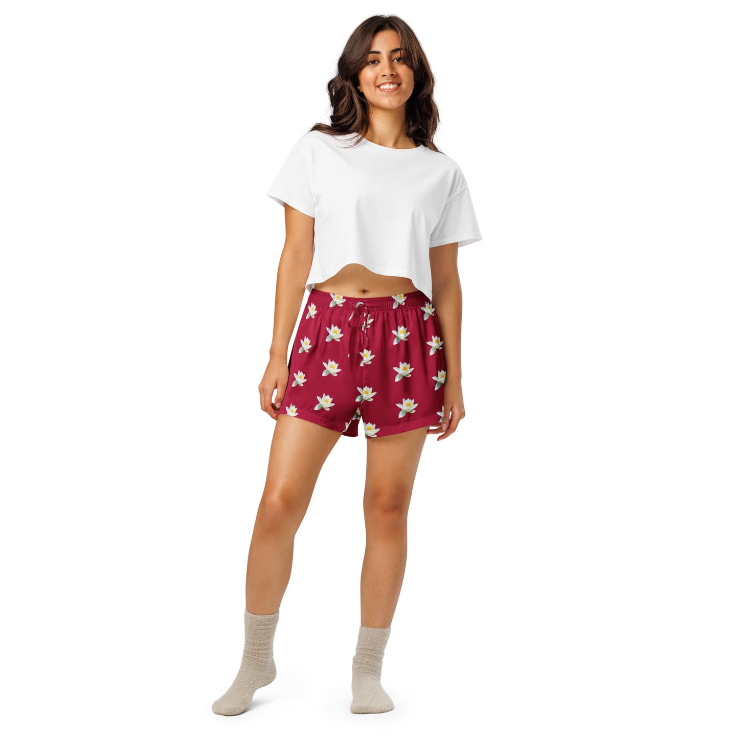 Water lily and carmine color floral Women’s pajama shorts - PratSN