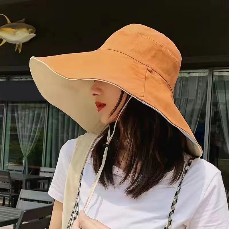 Wide Brim Sun Hat Women Anti - UV Protection Hiking Fisherman Cap Fold Summer Solid Beach Hat Double Sided Sun Hat - PratSN