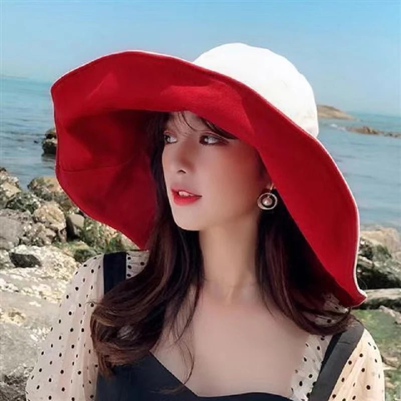 Wide Brim Sun Hat Women Anti - UV Protection Hiking Fisherman Cap Fold Summer Solid Beach Hat Double Sided Sun Hat - PratSN